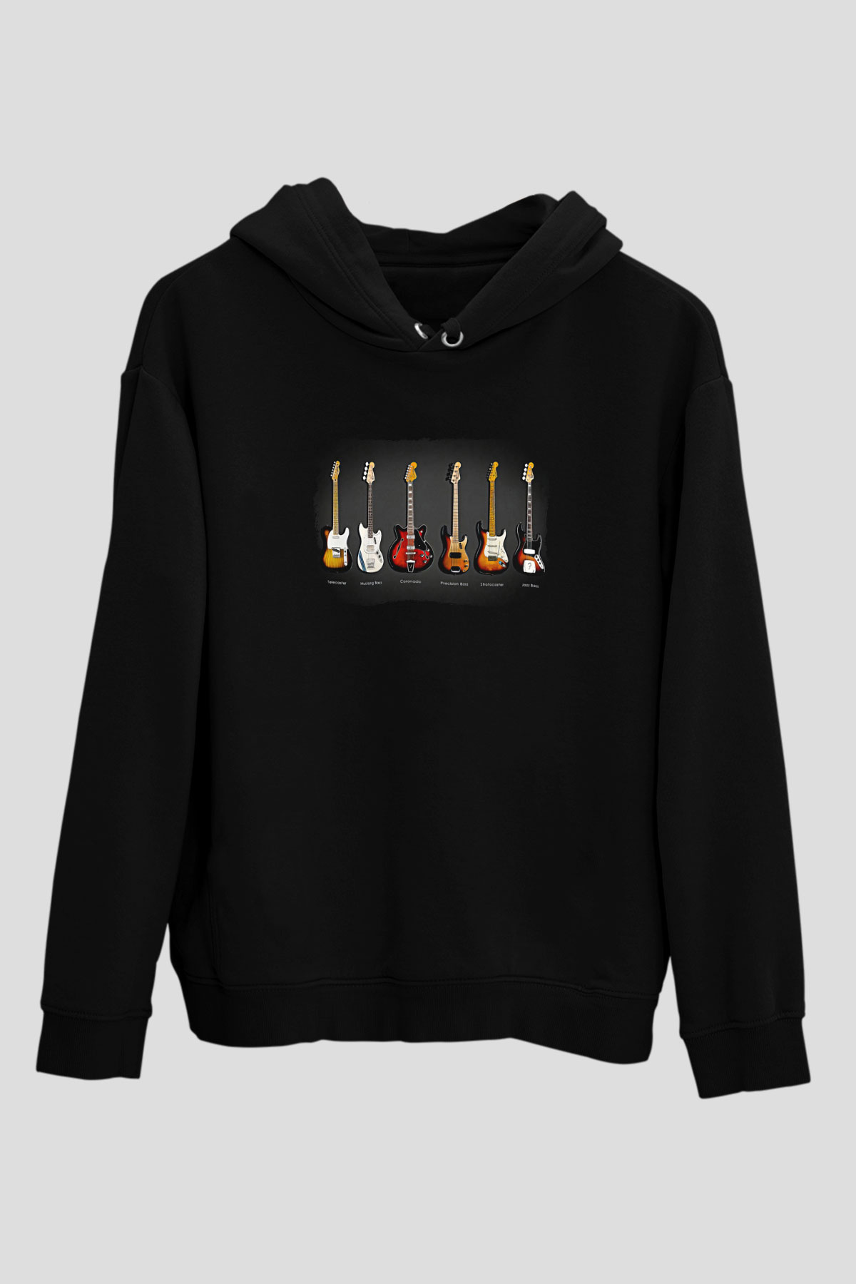 Elektro Gitar Baskılı Unisex Siyah Hoodie