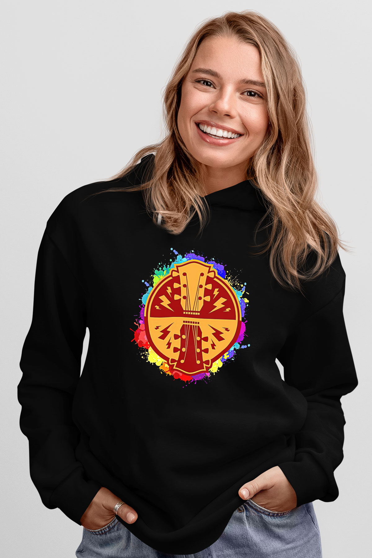 Elektro Gitar Baskılı Unisex Siyah Hoodie