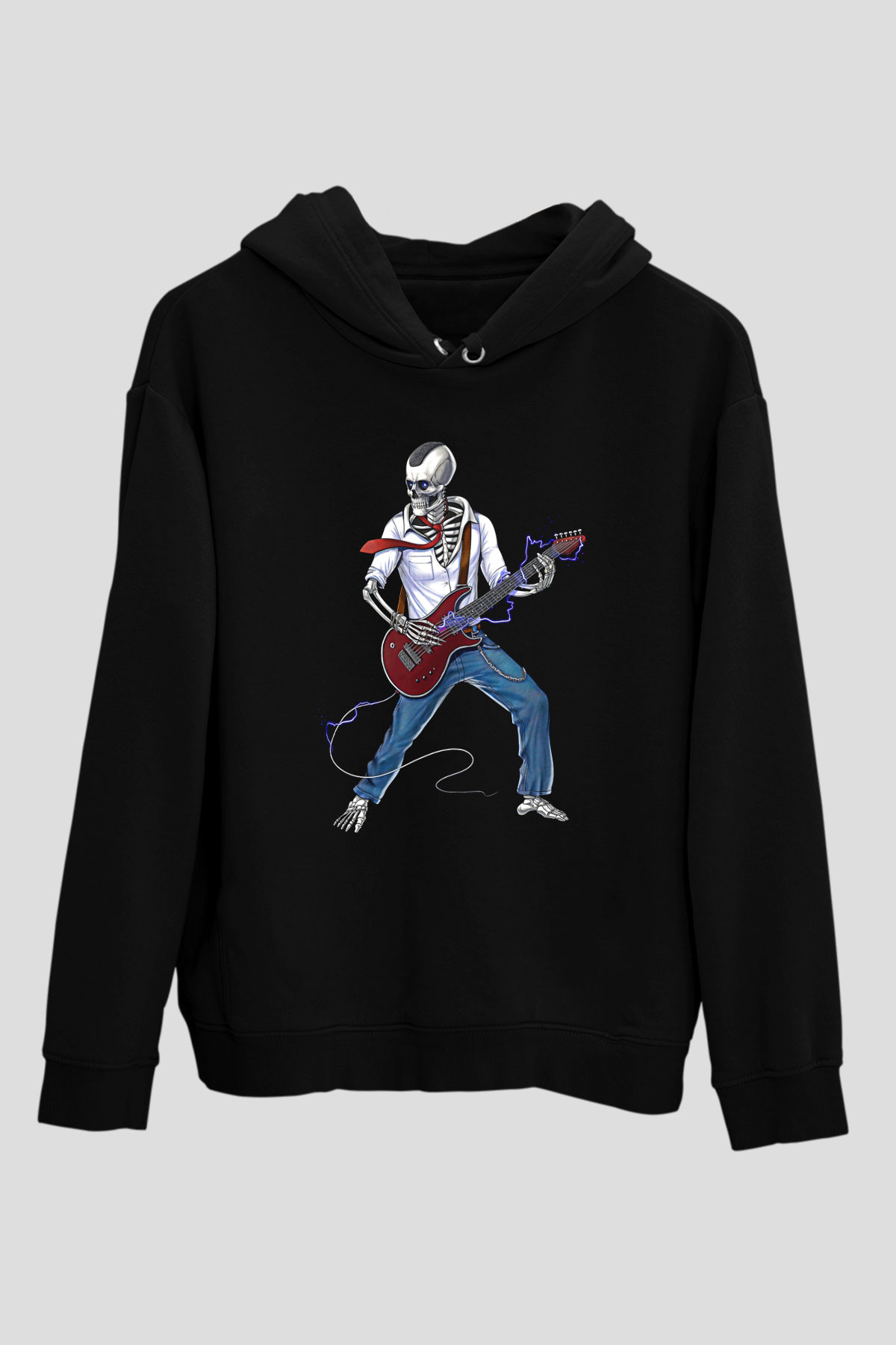 Elektro Gitar Baskılı Unisex Siyah Hoodie