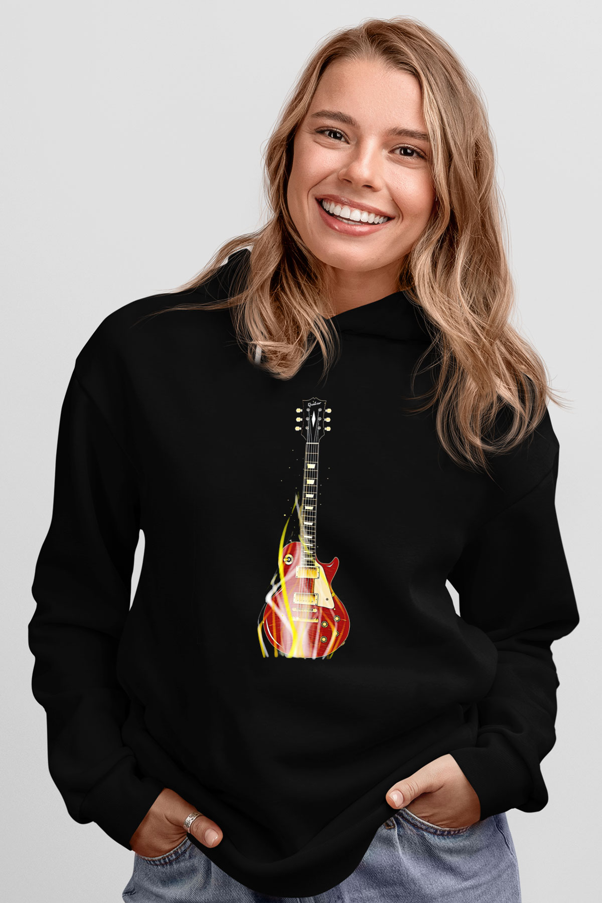 Elektro Gitar Baskılı Unisex Siyah Hoodie
