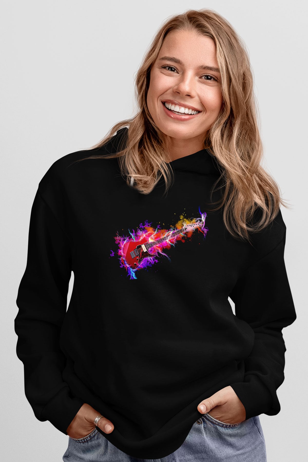 Elektro Gitar Baskılı Unisex Siyah Hoodie