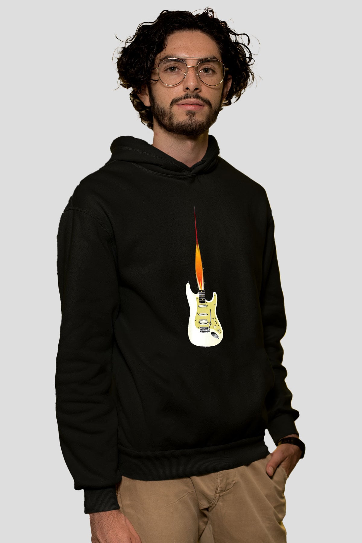 Elektro Gitar Baskılı Unisex Siyah Hoodie