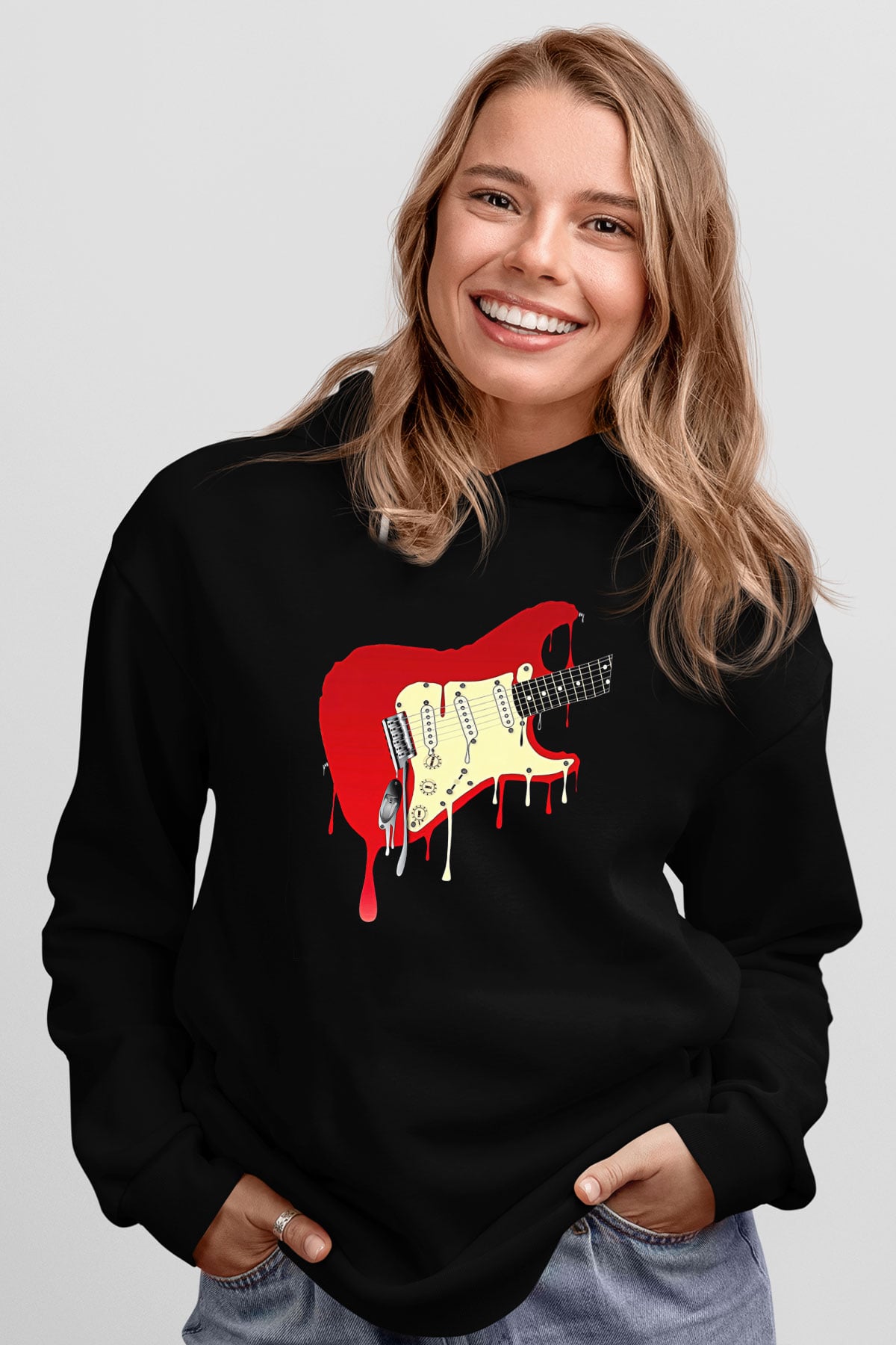 Elektro Gitar Baskılı Unisex Siyah Hoodie