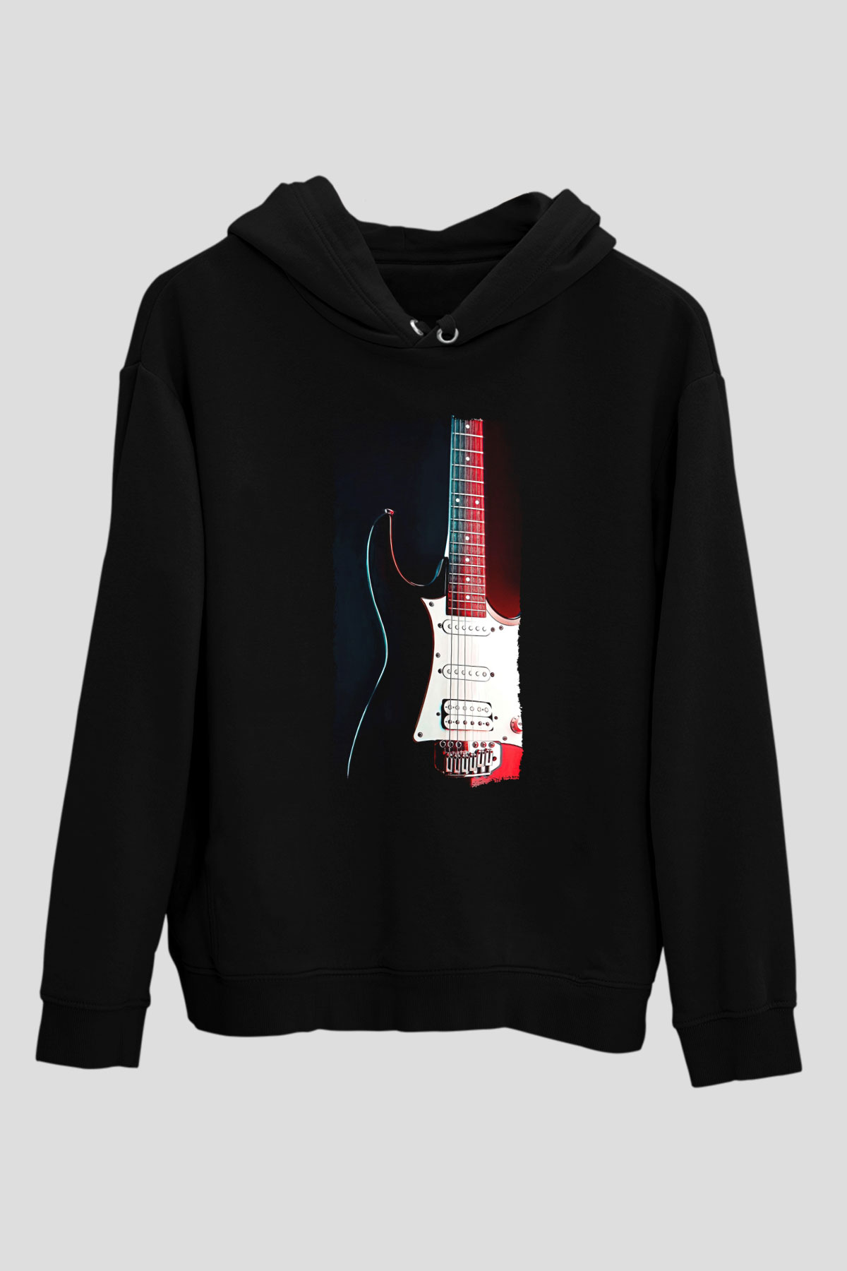 Elektro Gitar Baskılı Unisex Siyah Hoodie