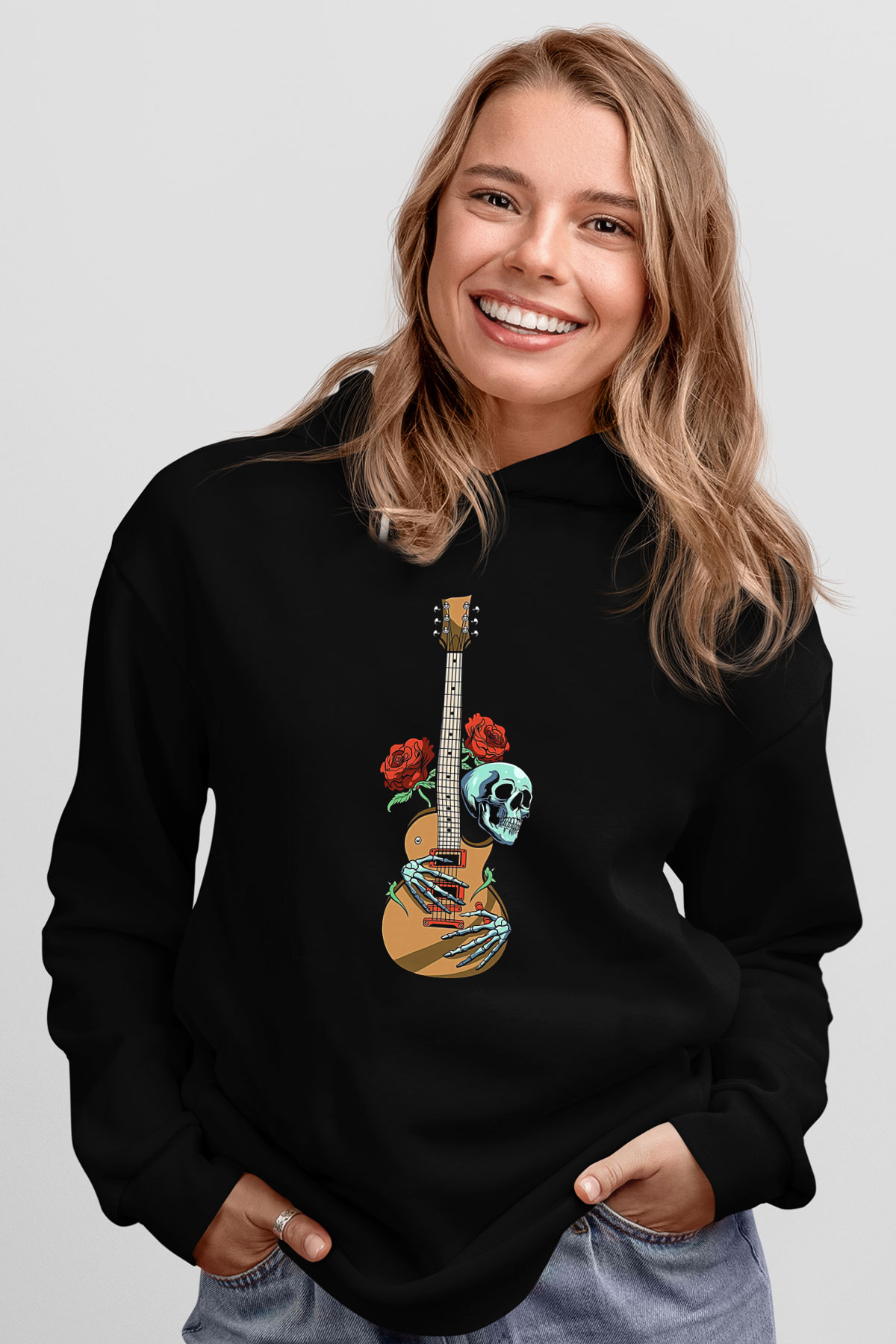 Elektro Gitar Baskılı Unisex Siyah Hoodie