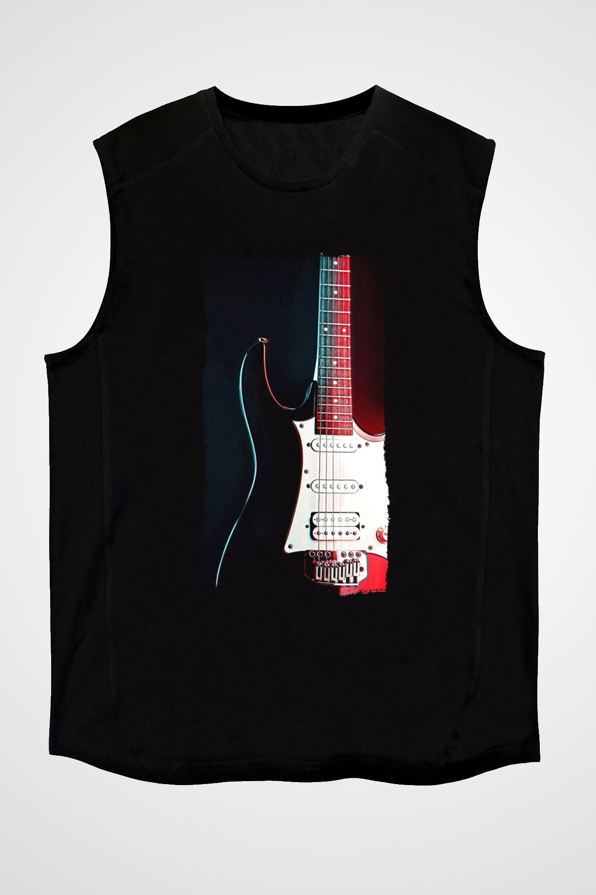 Elektro Gitar Baskılı Unisex Siyah Kolsuz Tişört - Tshirt