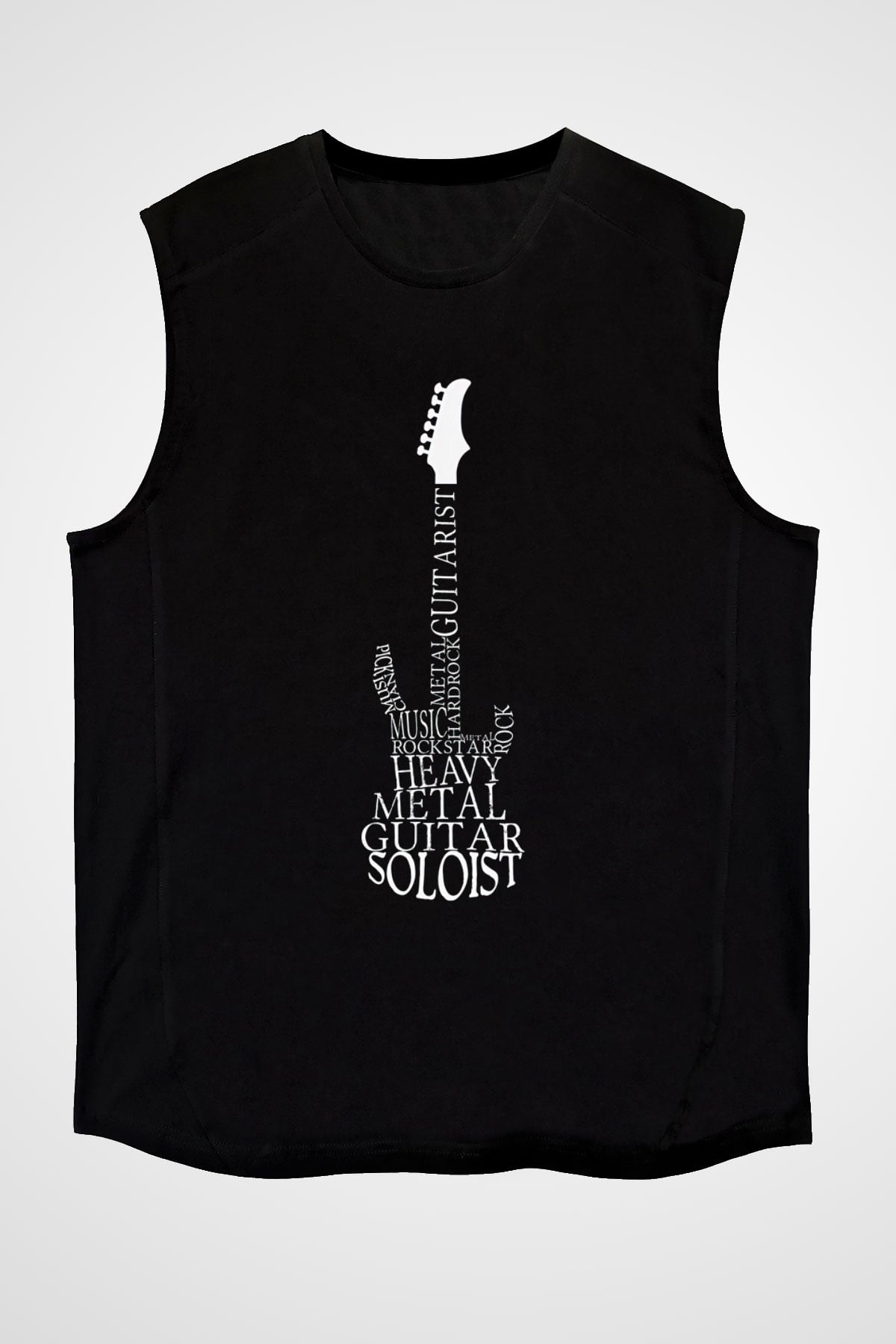 Elektro Gitar Baskılı Unisex Siyah Kolsuz Tişört - Tshirt