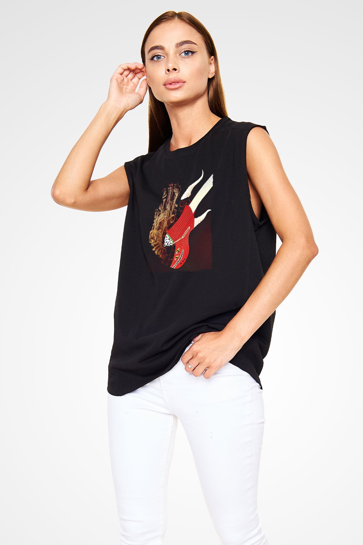 Elektro Gitar Baskılı Unisex Siyah Kolsuz Tişört - Tshirt