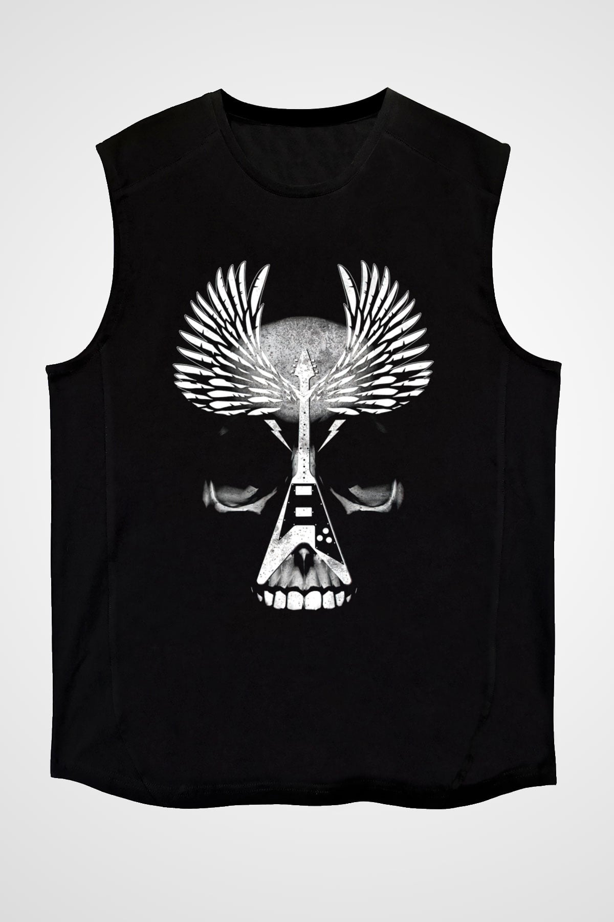 Elektro Gitar Baskılı Unisex Siyah Kolsuz Tişört - Tshirt