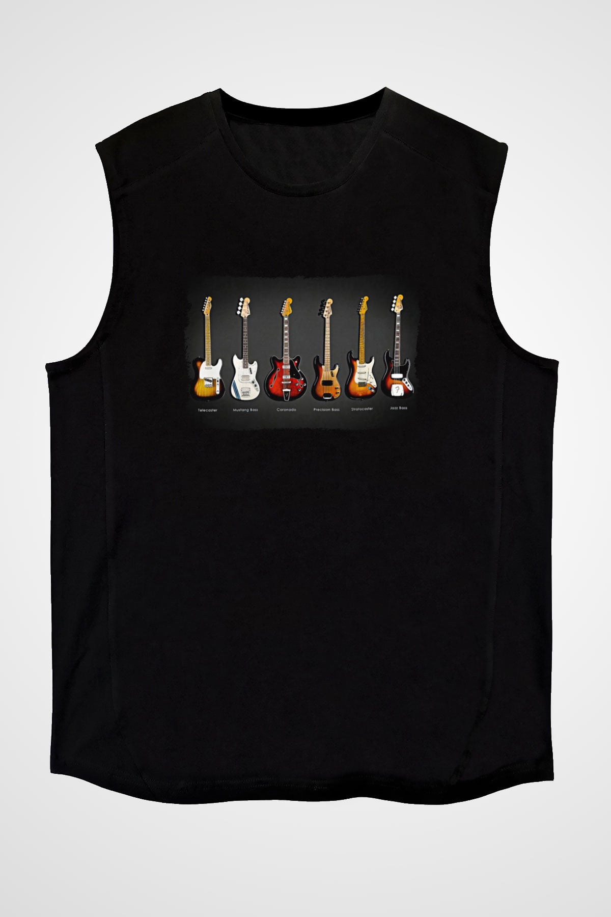 Elektro Gitar Baskılı Unisex Siyah Kolsuz Tişört - Tshirt
