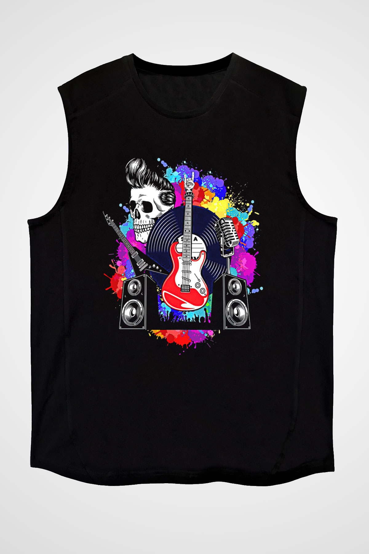 Elektro Gitar Baskılı Unisex Siyah Kolsuz Tişört - Tshirt