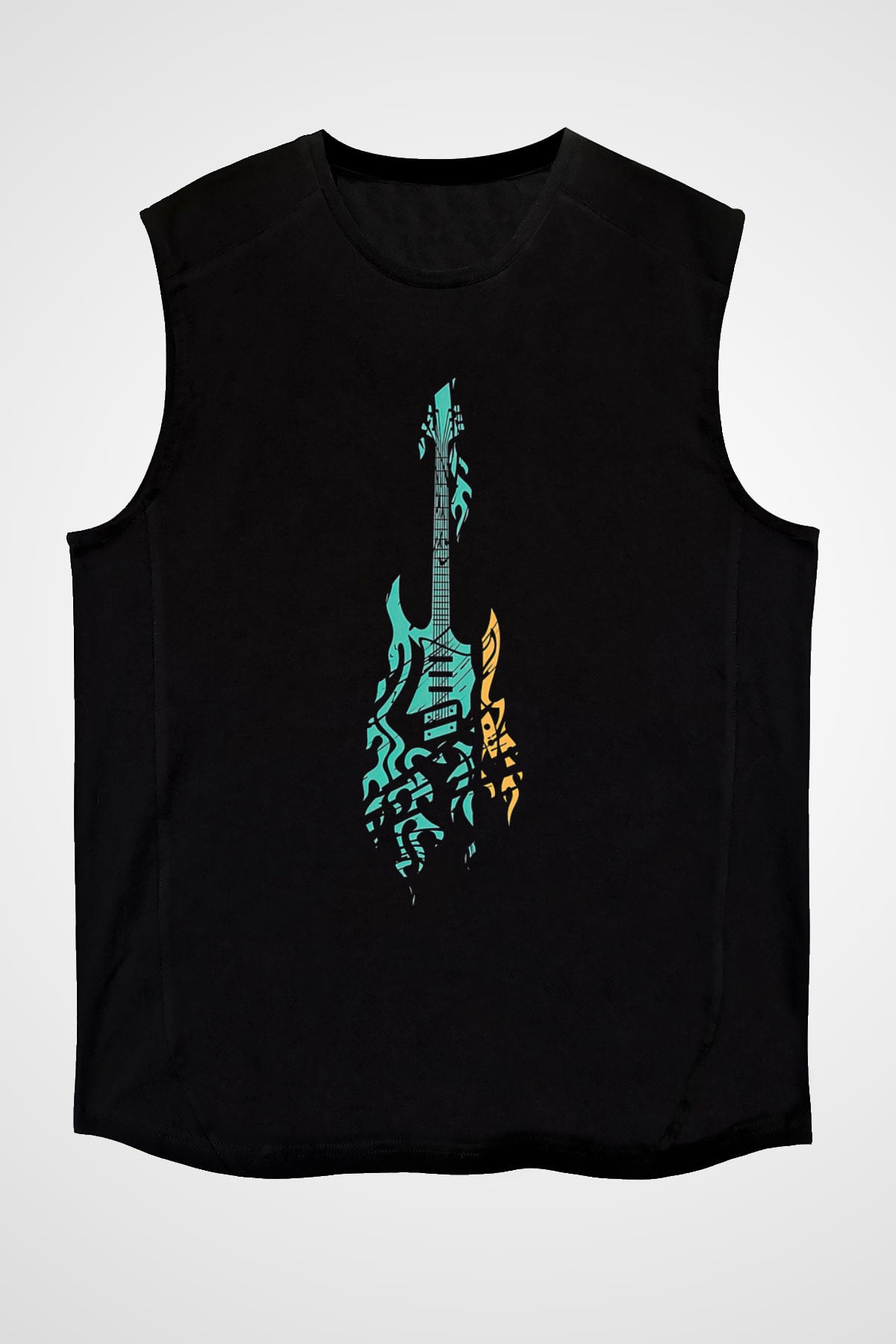 Elektro Gitar Baskılı Unisex Siyah Kolsuz Tişört - Tshirt