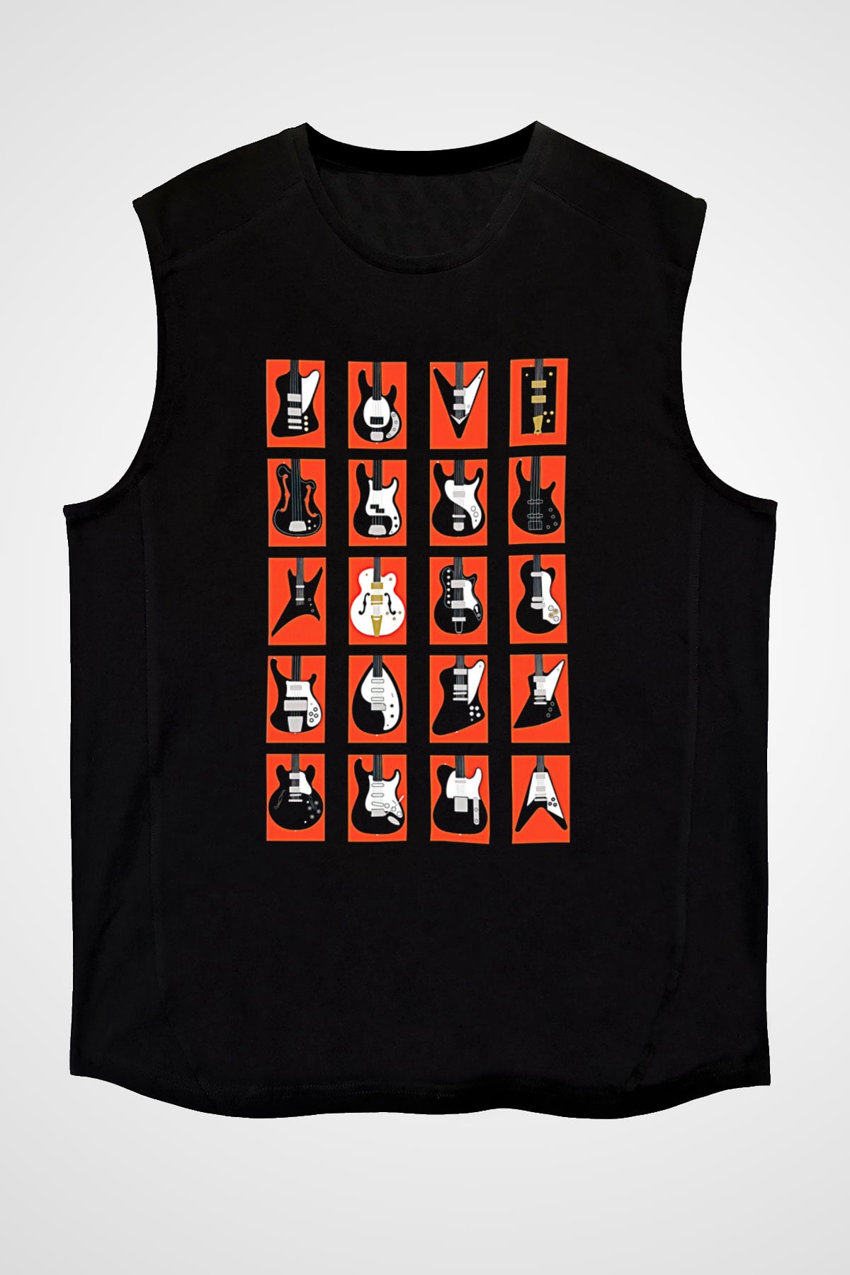 Elektro Gitar Baskılı Unisex Siyah Kolsuz Tişört - Tshirt