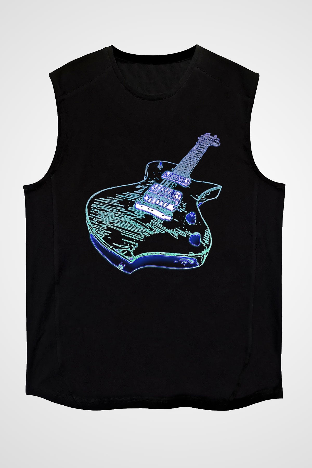 Elektro Gitar Baskılı Unisex Siyah Kolsuz Tişört - Tshirt