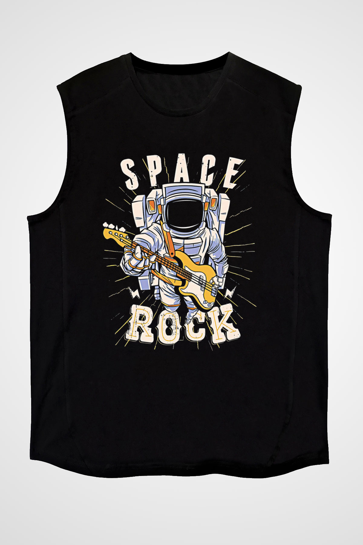 Elektro Gitar Baskılı Unisex Siyah Kolsuz Tişört - Tshirt