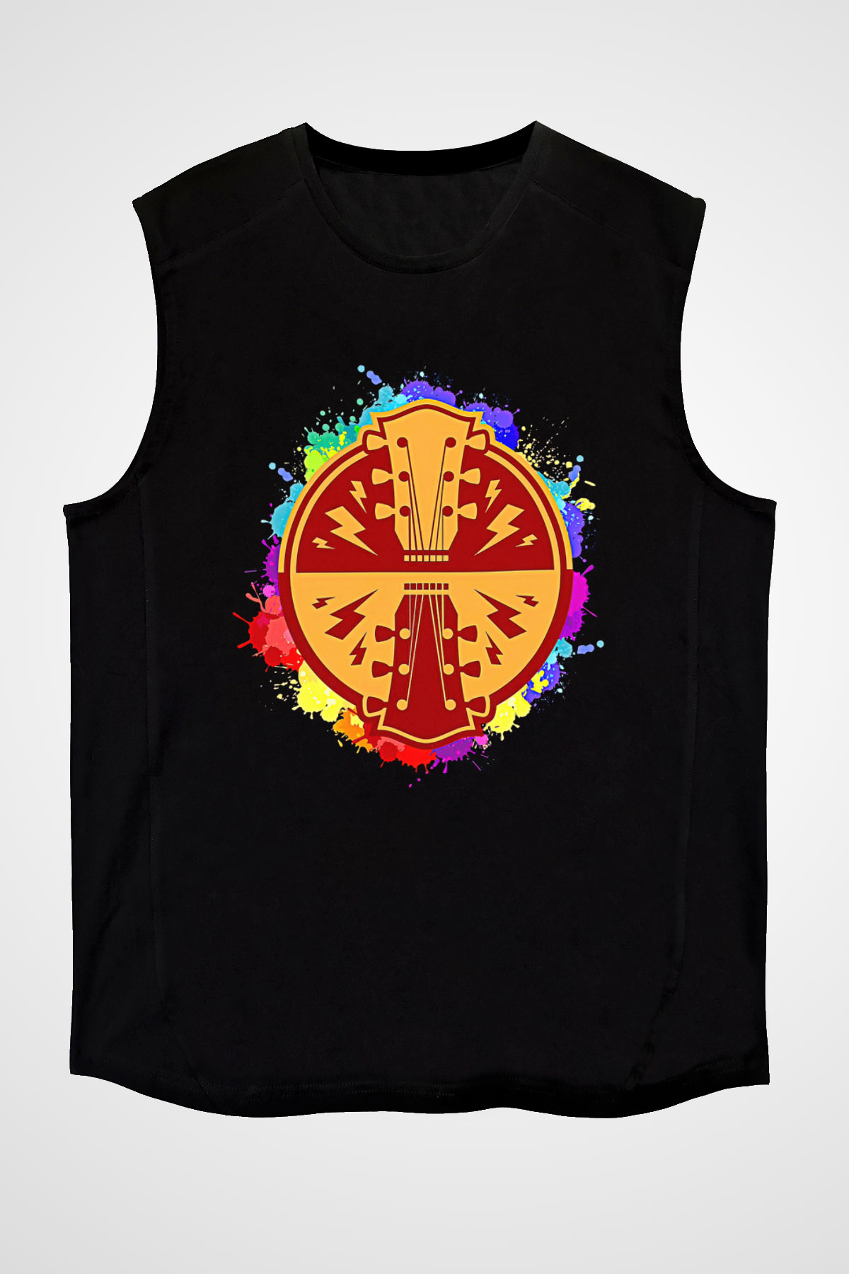 Elektro Gitar Baskılı Unisex Siyah Kolsuz Tişört - Tshirt