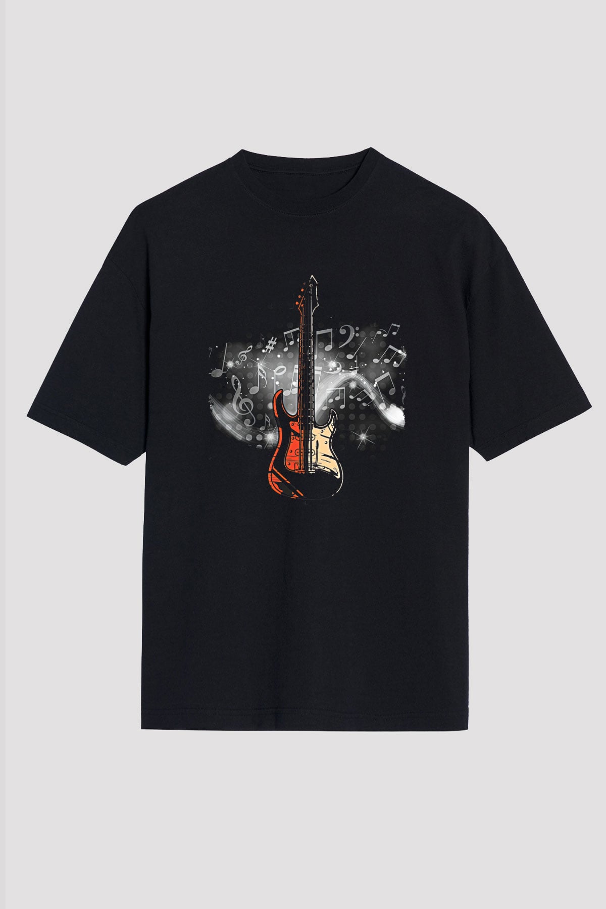 Elektro Gitar Baskılı Unisex Siyah Oversize Tişört - Tshirt