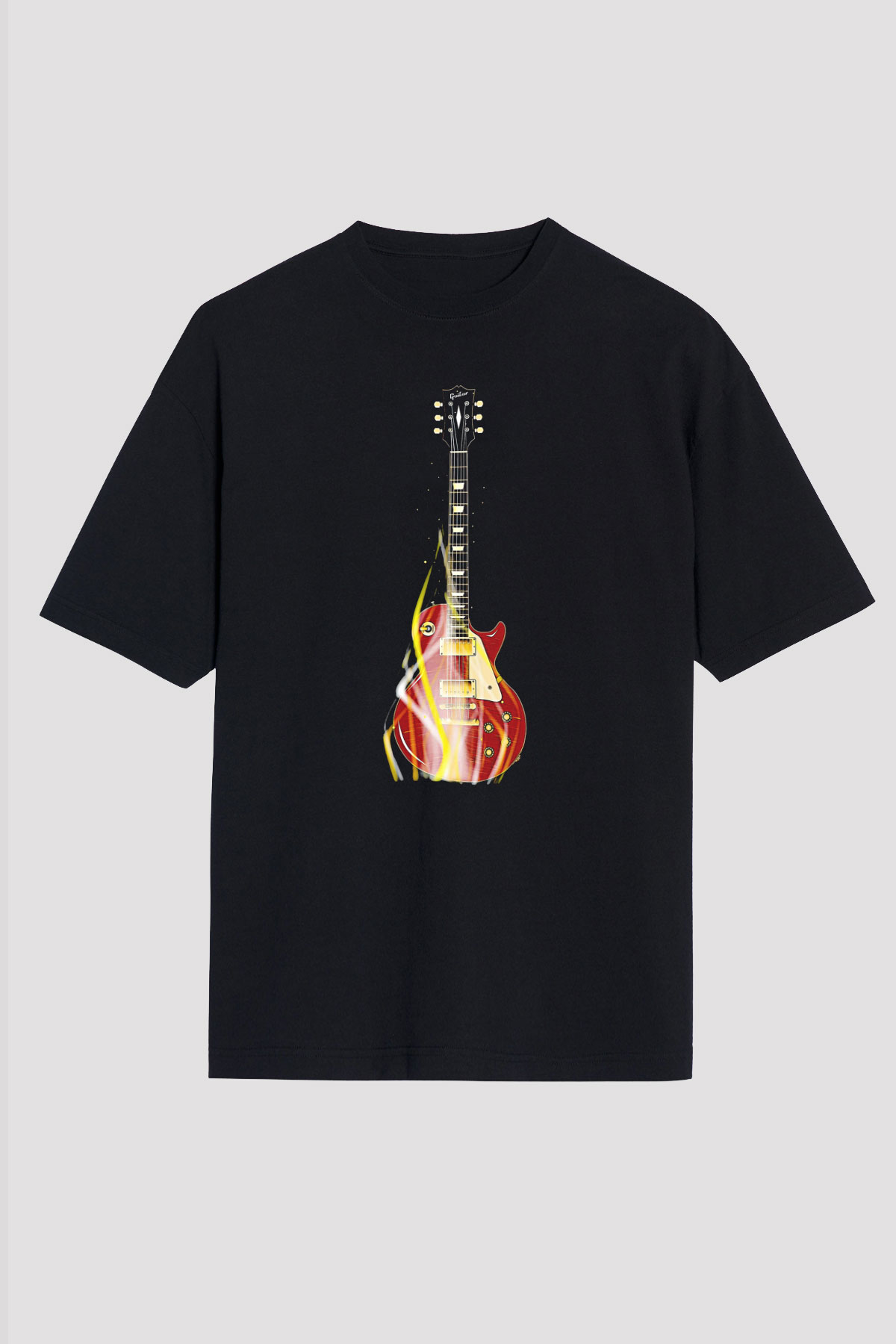 Elektro Gitar Baskılı Unisex Siyah Oversize Tişört - Tshirt