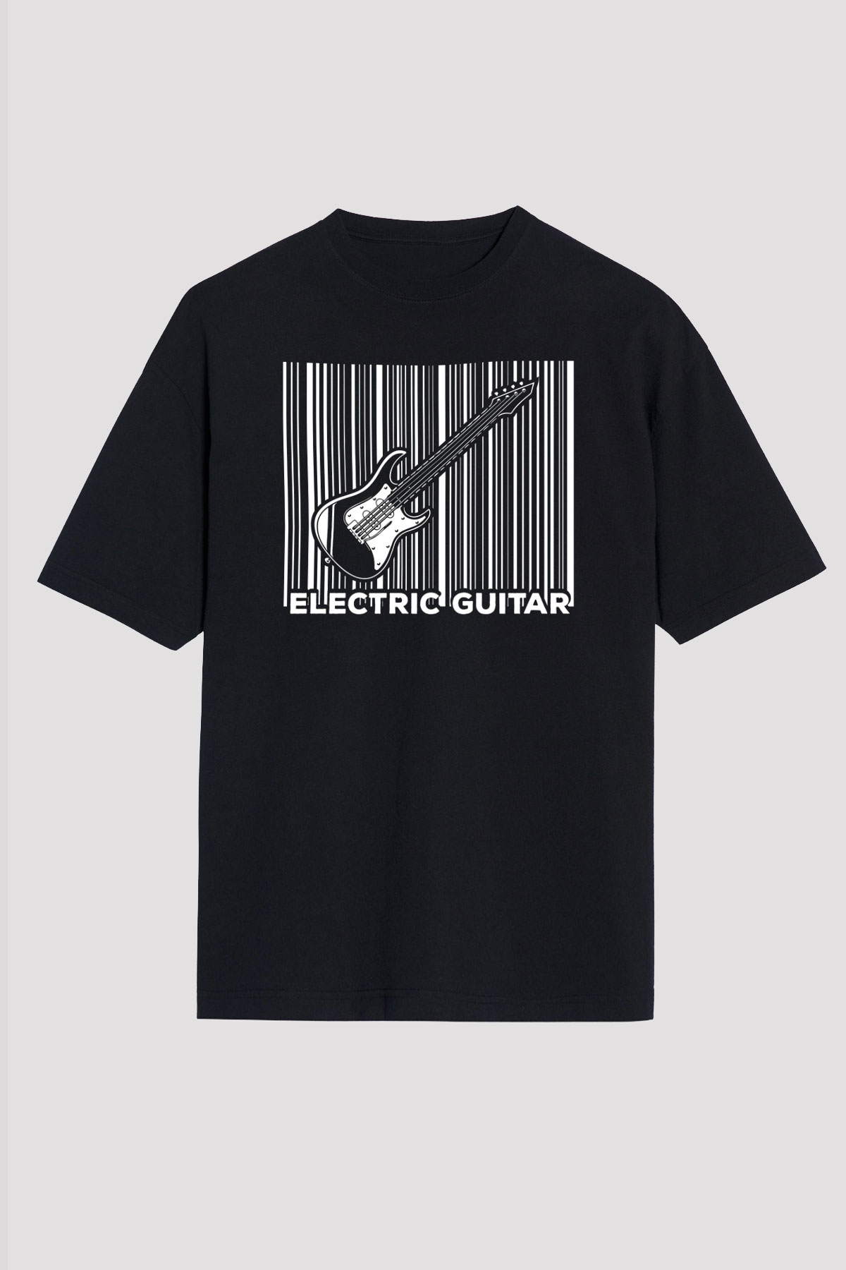 Elektro Gitar Baskılı Unisex Siyah Oversize Tişört - Tshirt