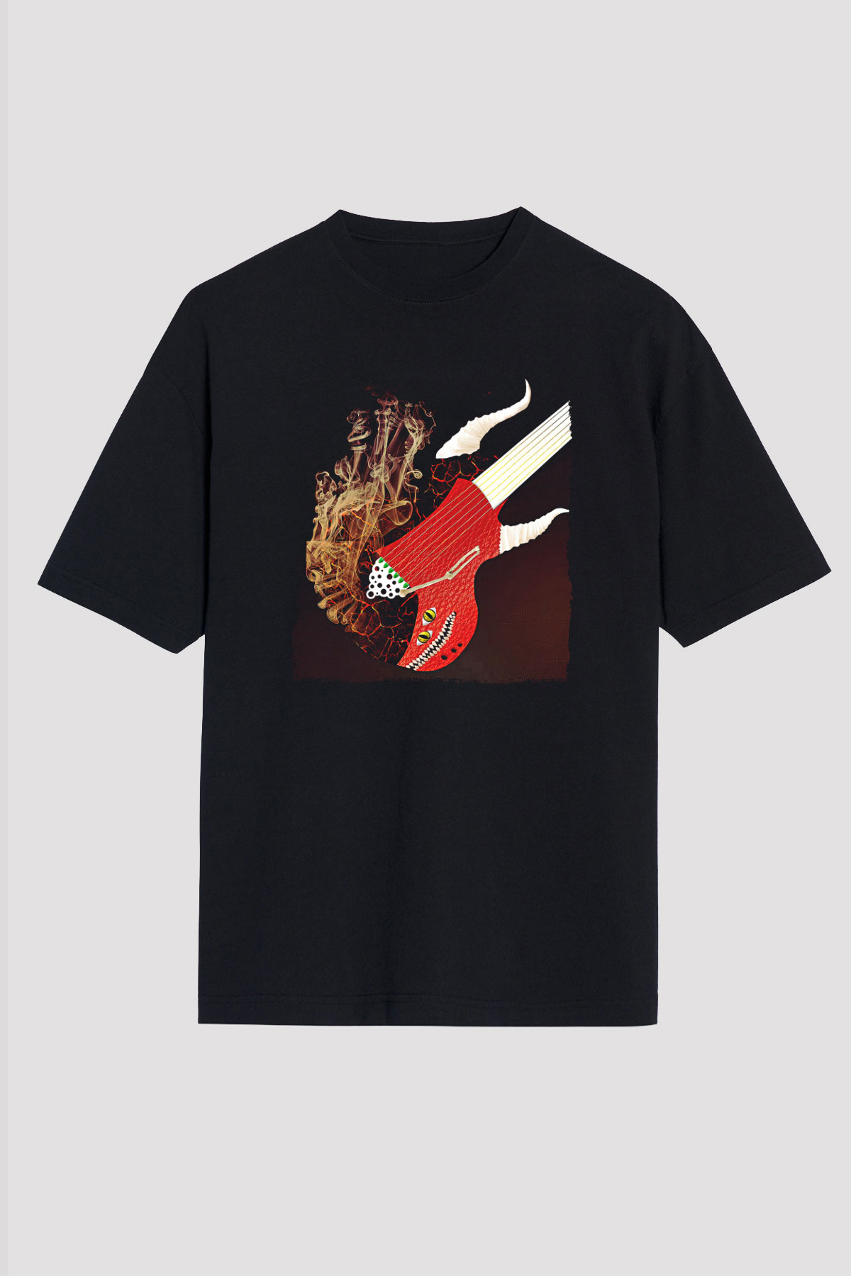 Elektro Gitar Baskılı Unisex Siyah Oversize Tişört - Tshirt