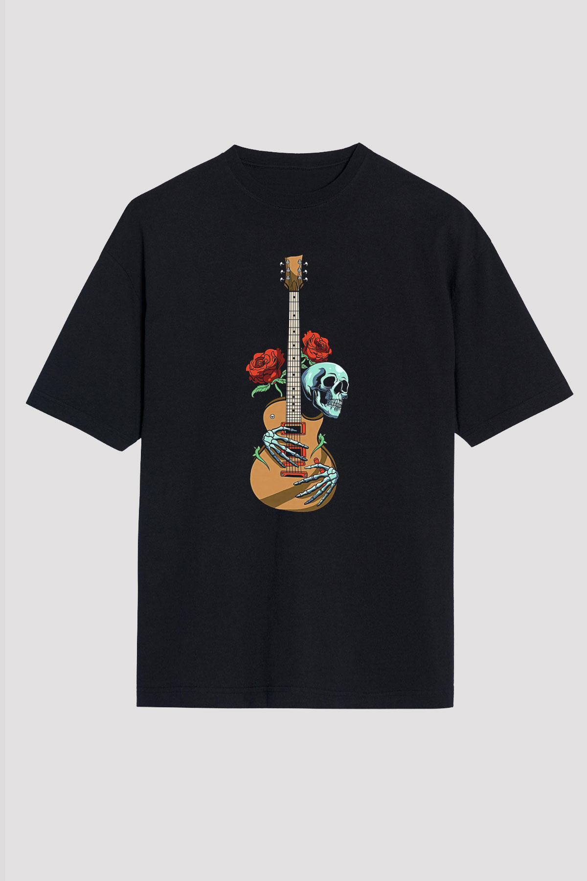 Elektro Gitar Baskılı Unisex Siyah Oversize Tişört - Tshirt