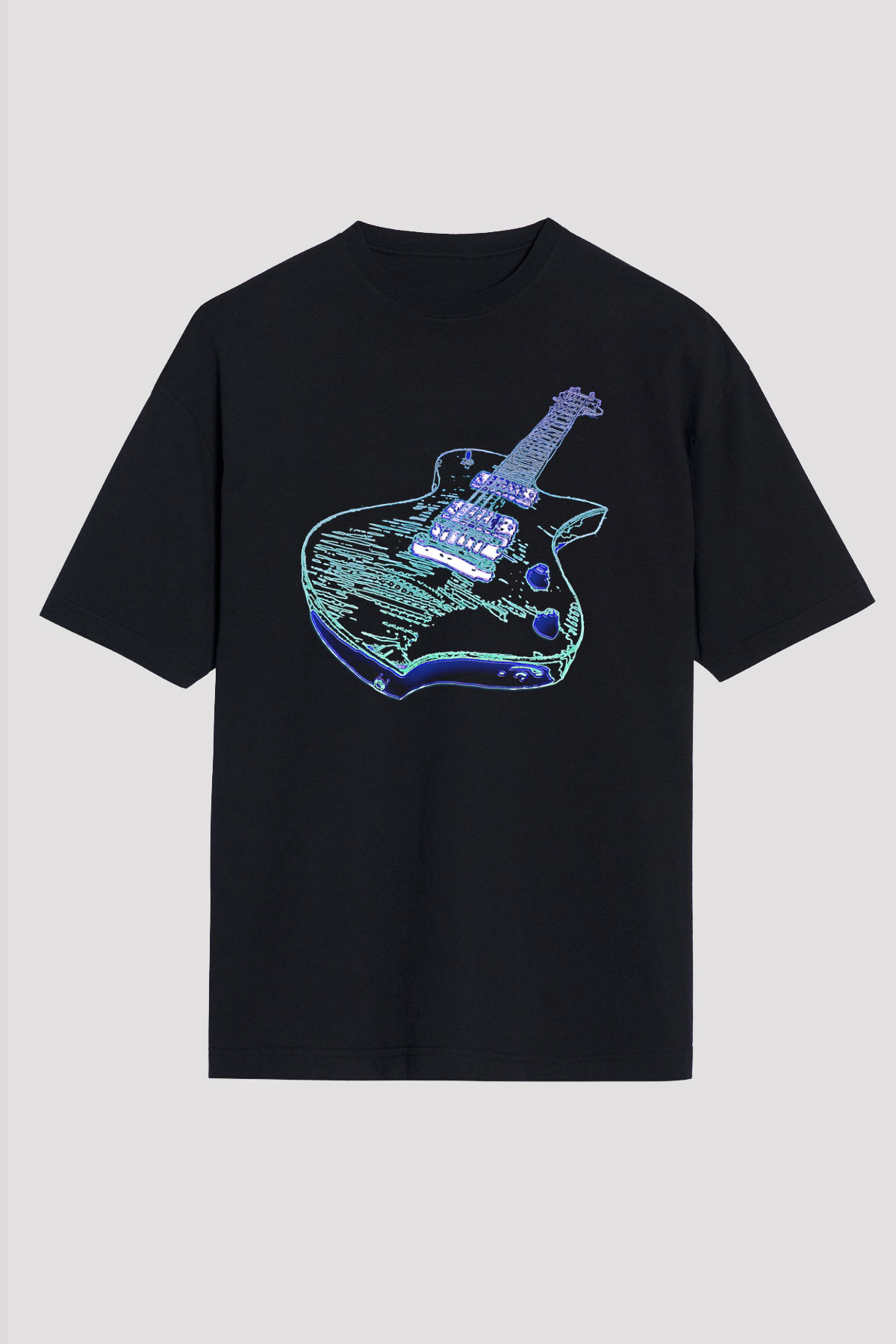 Elektro Gitar Baskılı Unisex Siyah Oversize Tişört - Tshirt