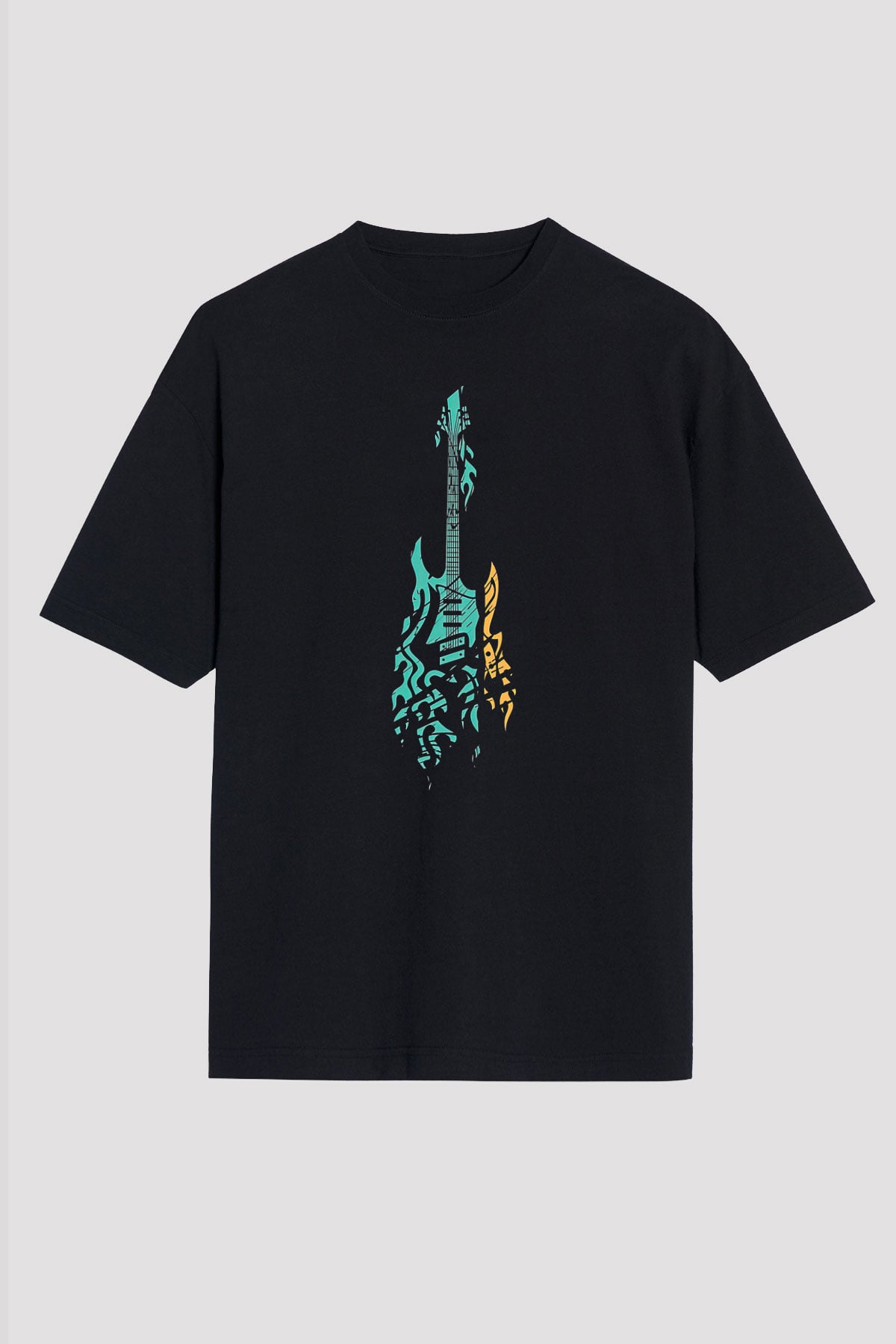 Elektro Gitar Baskılı Unisex Siyah Oversize Tişört - Tshirt