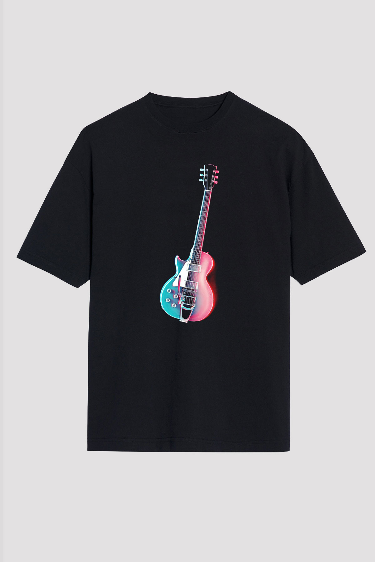 Elektro Gitar Baskılı Unisex Siyah Oversize Tişört - Tshirt