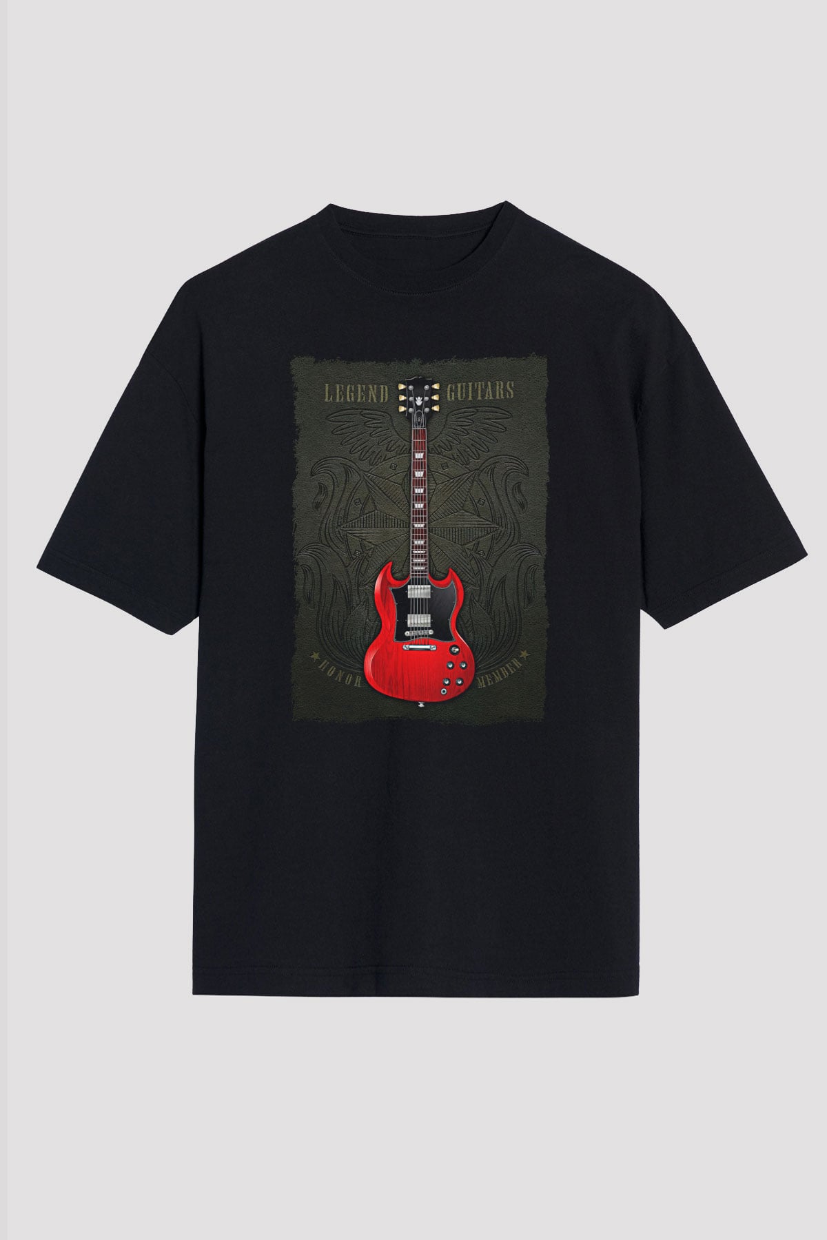 Elektro Gitar Baskılı Unisex Siyah Oversize Tişört - Tshirt