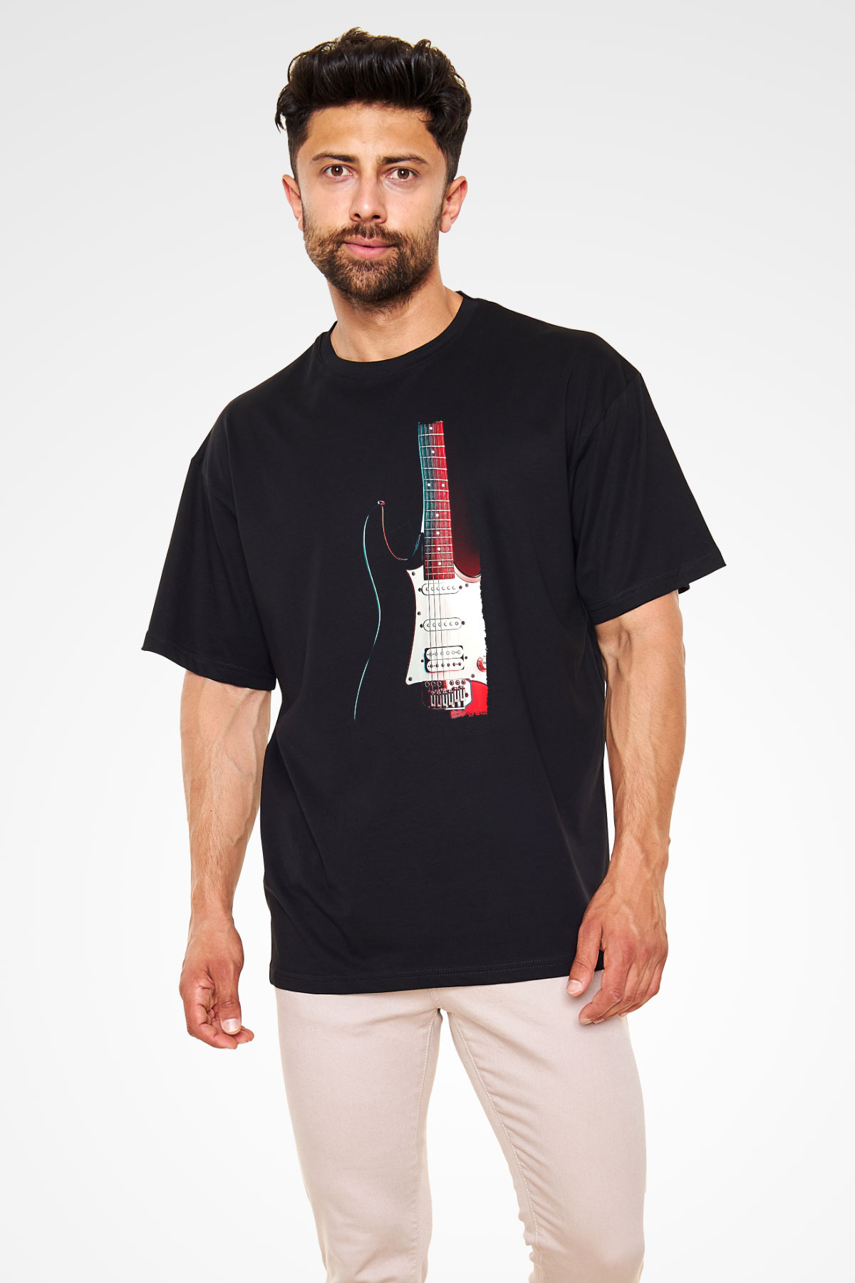 Elektro Gitar Baskılı Unisex Siyah Oversize Tişört - Tshirt