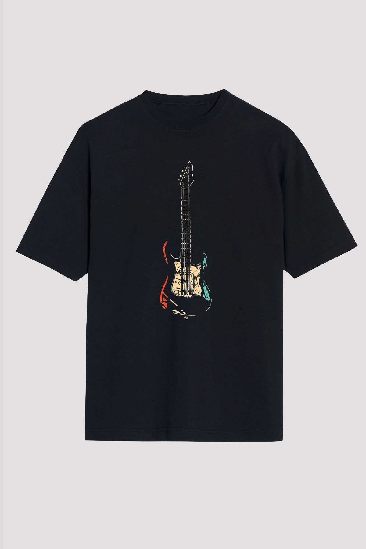 Elektro Gitar Baskılı Unisex Siyah Oversize Tişört - Tshirt