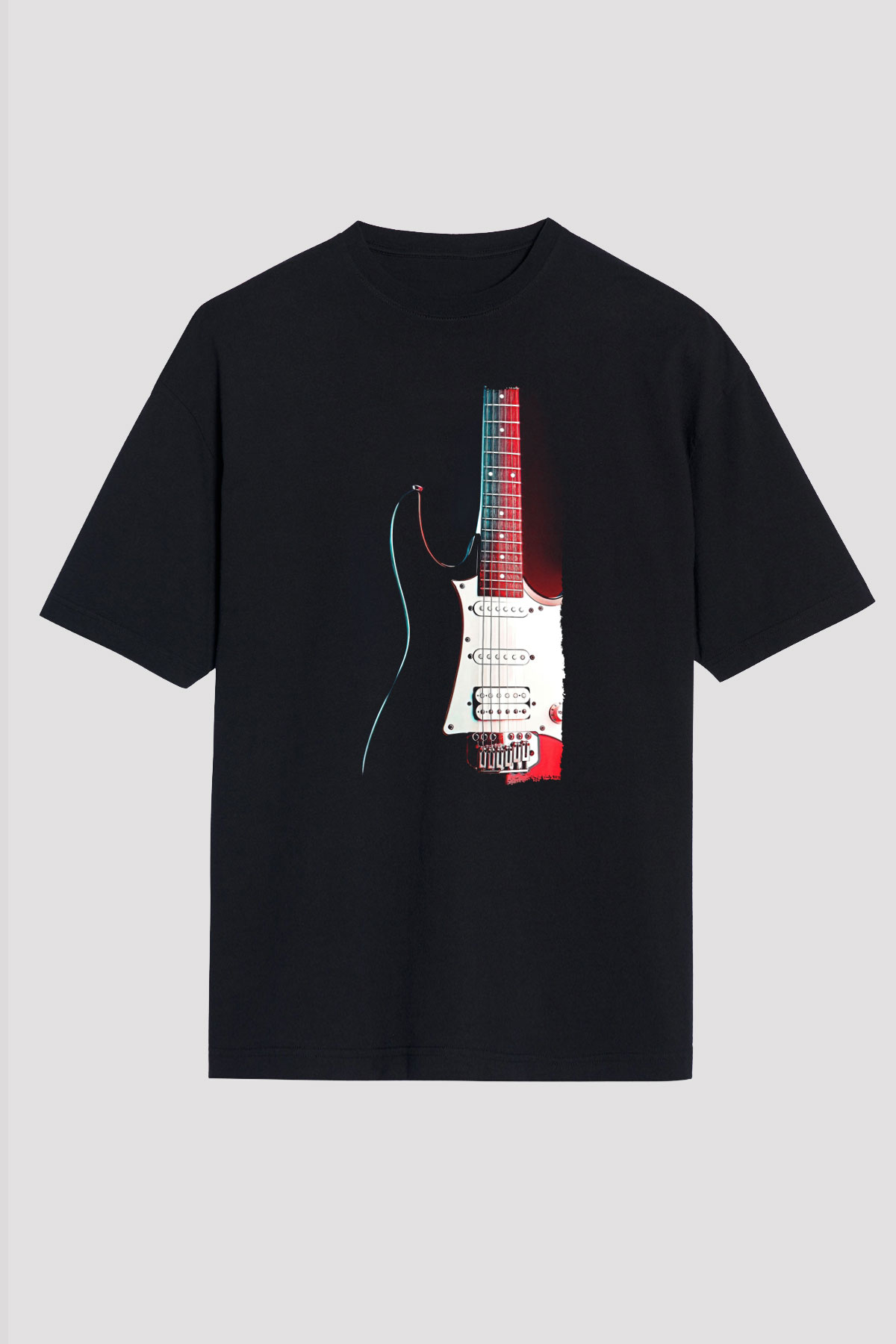 Elektro Gitar Baskılı Unisex Siyah Oversize Tişört - Tshirt