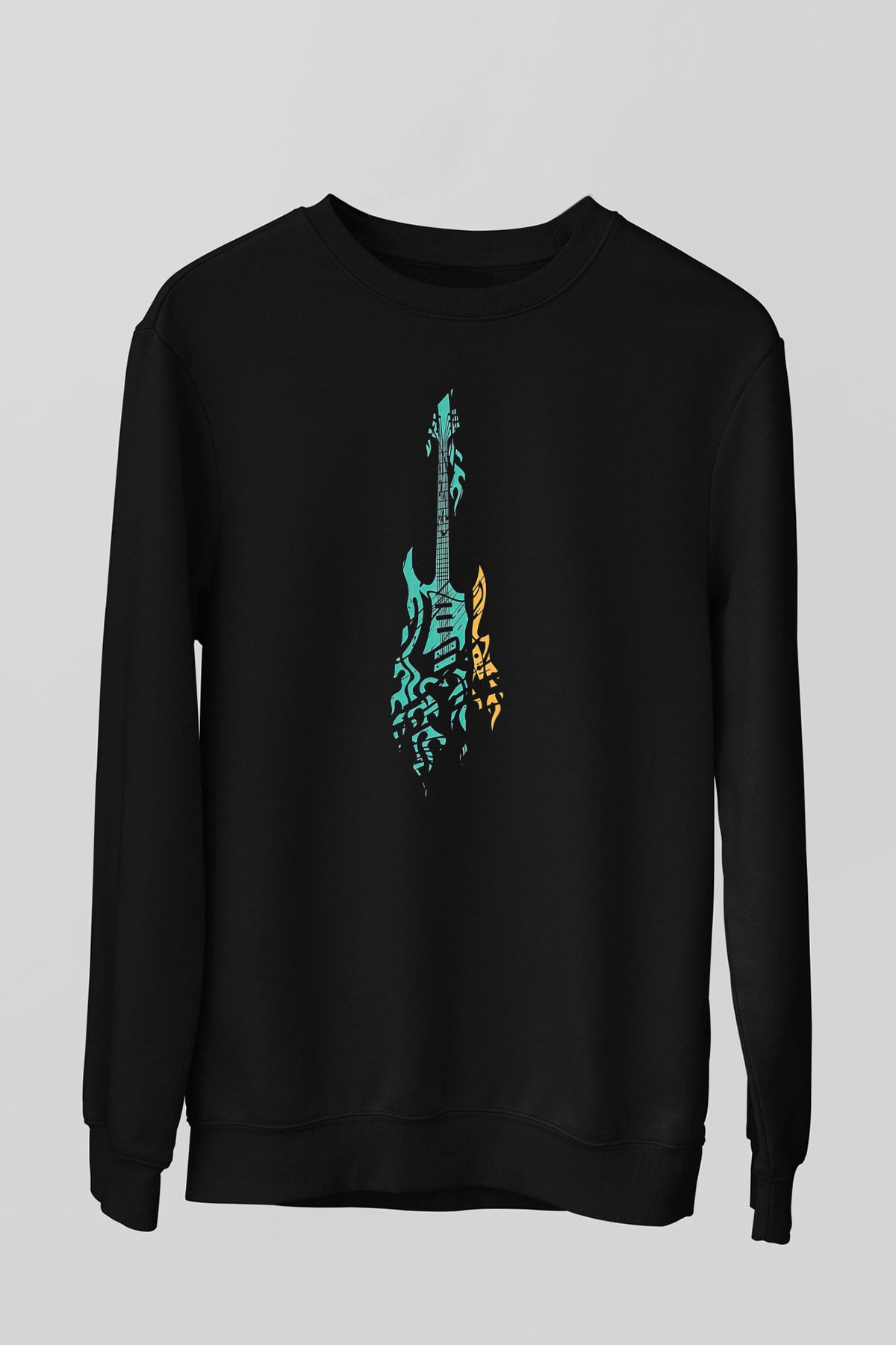 Elektro Gitar Baskılı Unisex Siyah Sweatshirt