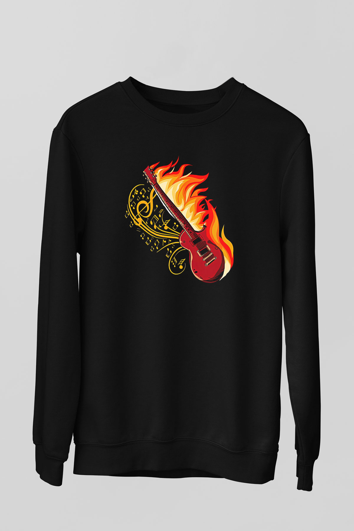 Elektro Gitar Baskılı Unisex Siyah Sweatshirt