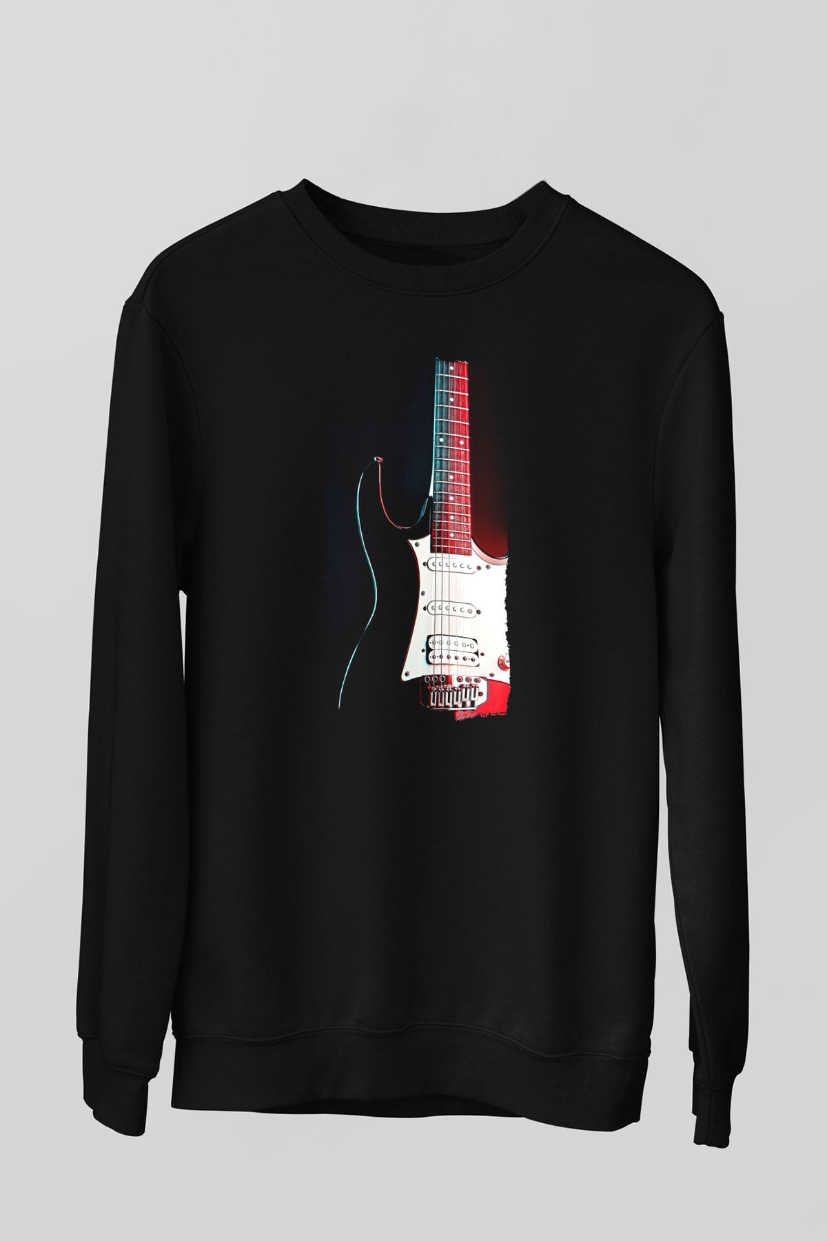 Elektro Gitar Baskılı Unisex Siyah Sweatshirt