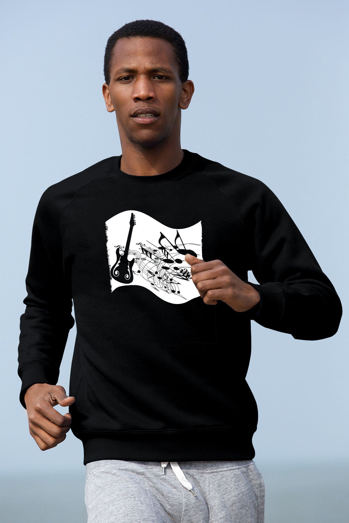 Elektro Gitar Baskılı Unisex Siyah Sweatshirt