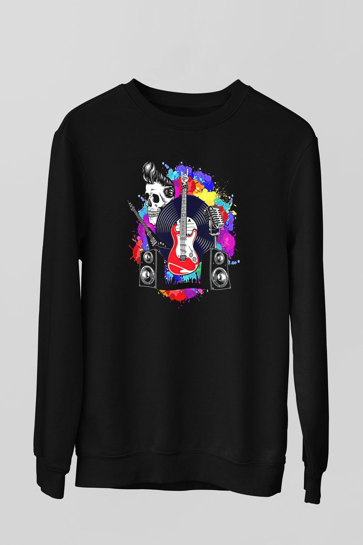 Elektro Gitar Baskılı Unisex Siyah Sweatshirt