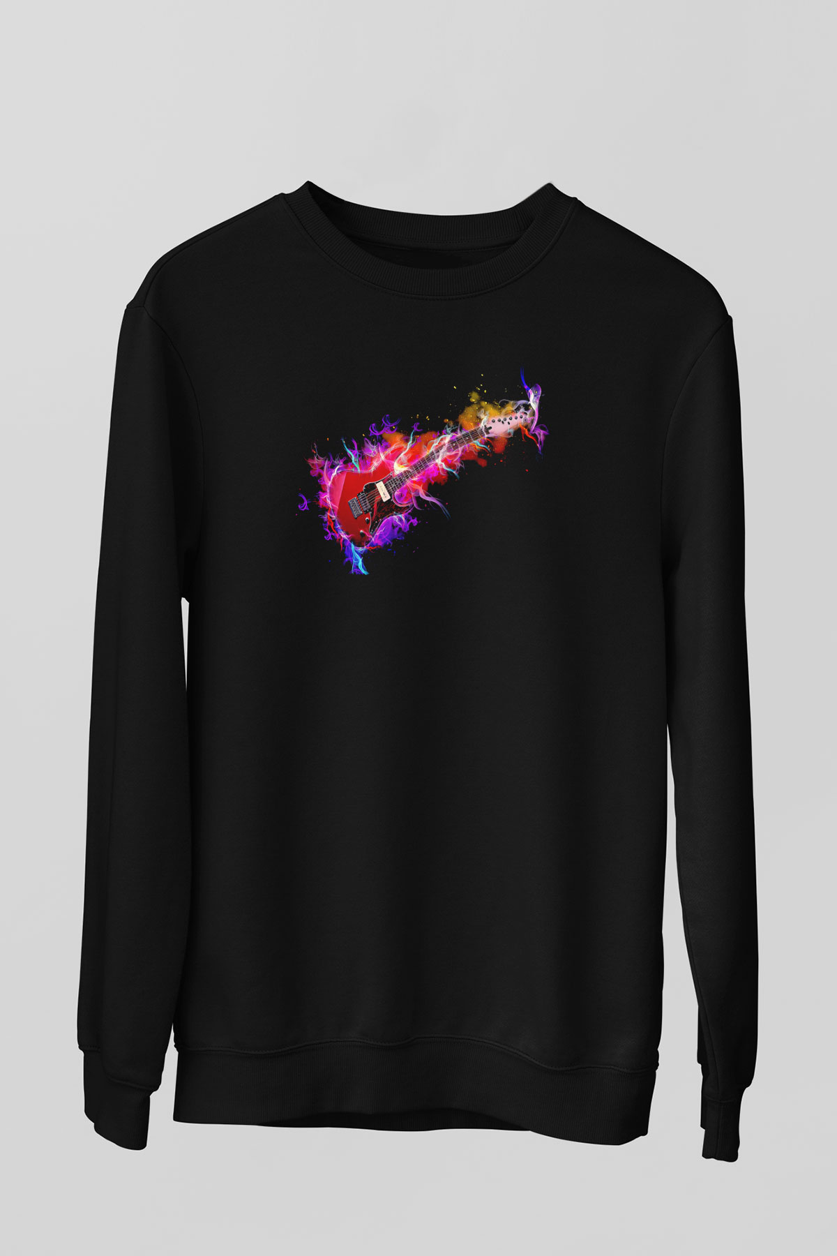 Elektro Gitar Baskılı Unisex Siyah Sweatshirt
