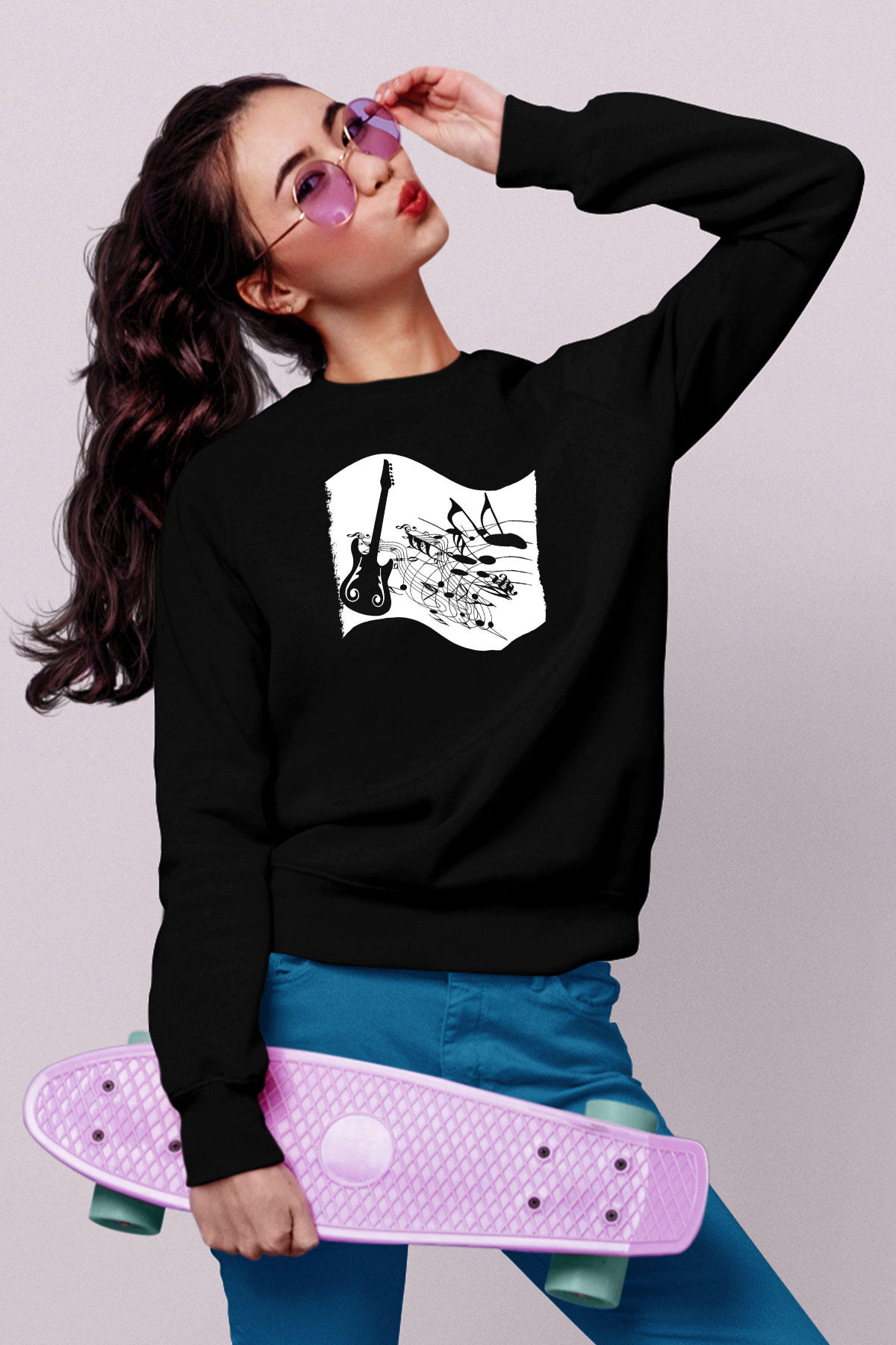 Elektro Gitar Baskılı Unisex Siyah Sweatshirt