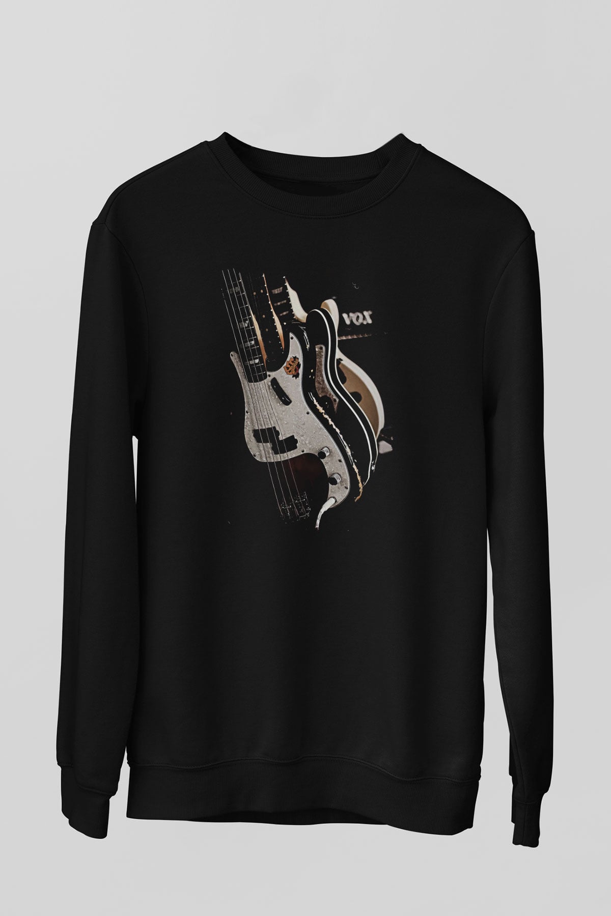 Elektro Gitar Baskılı Unisex Siyah Sweatshirt