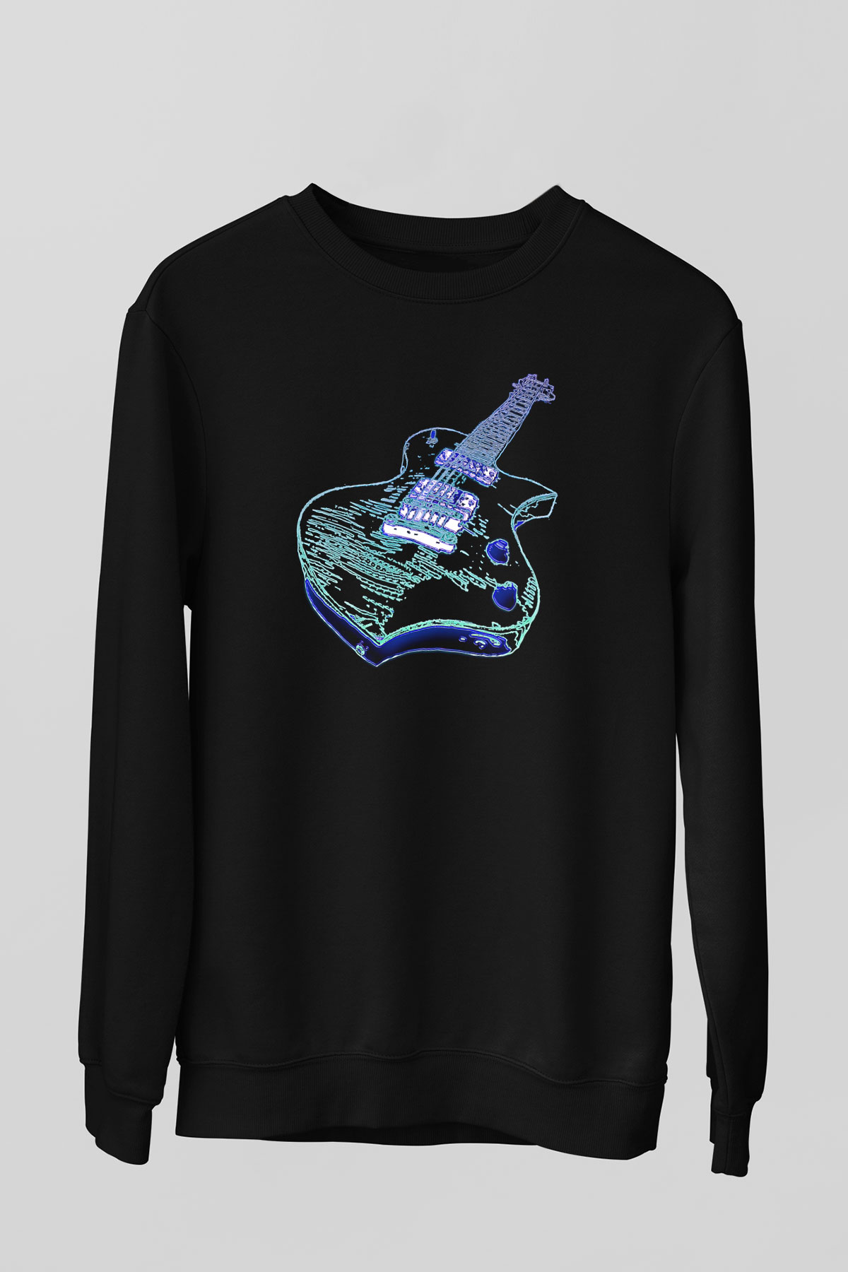 Elektro Gitar Baskılı Unisex Siyah Sweatshirt