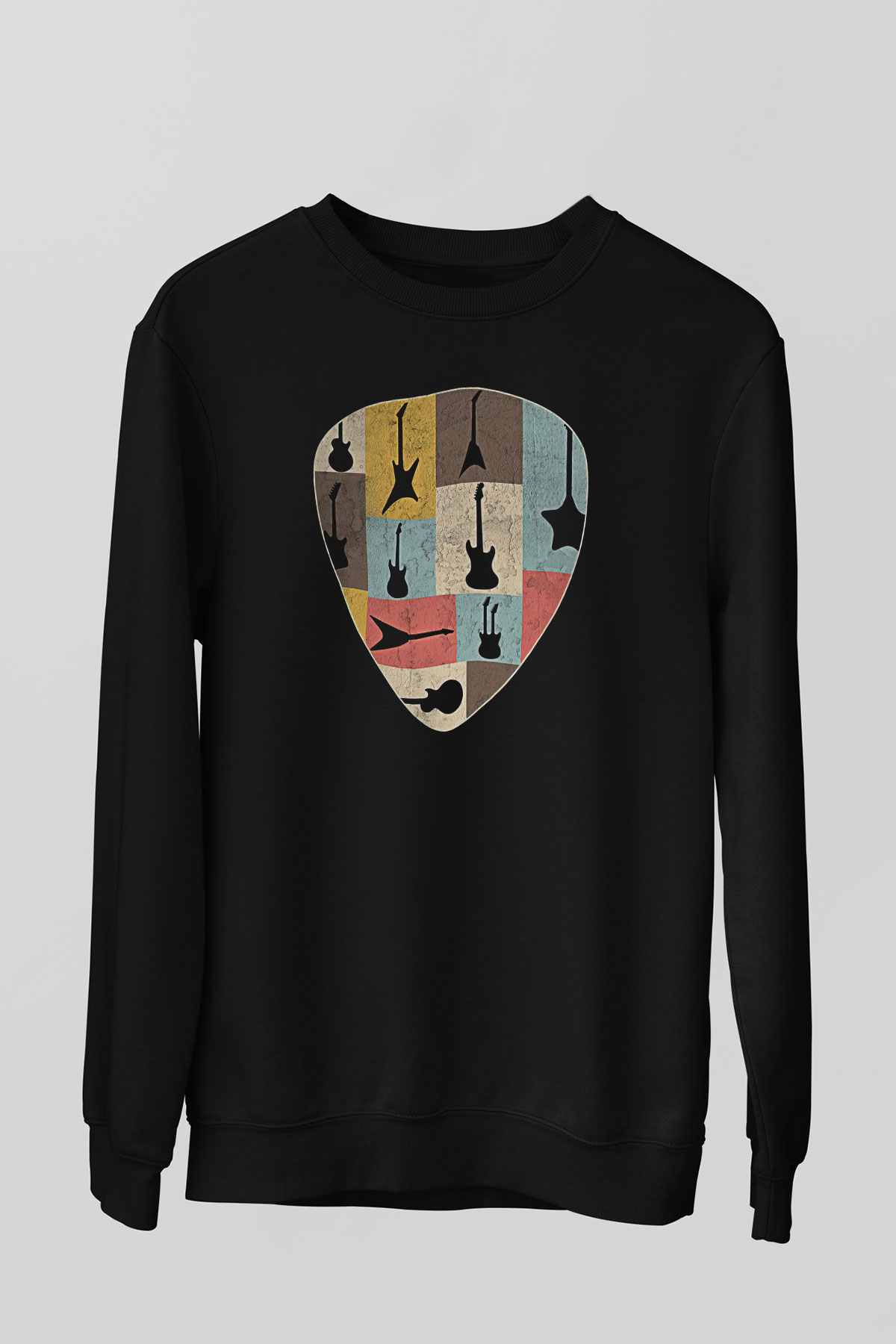 Elektro Gitar Baskılı Unisex Siyah Sweatshirt