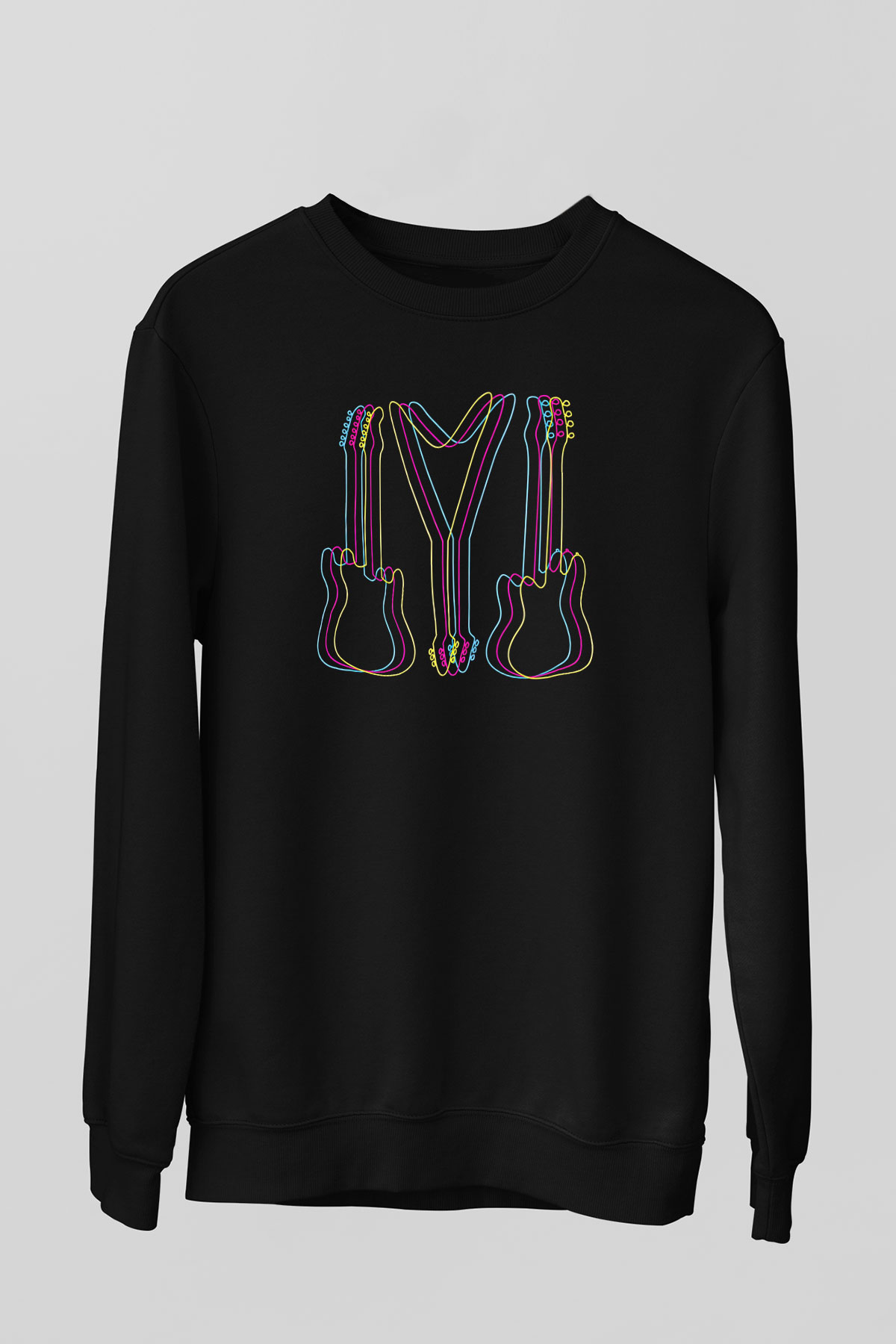 Elektro Gitar Baskılı Unisex Siyah Sweatshirt