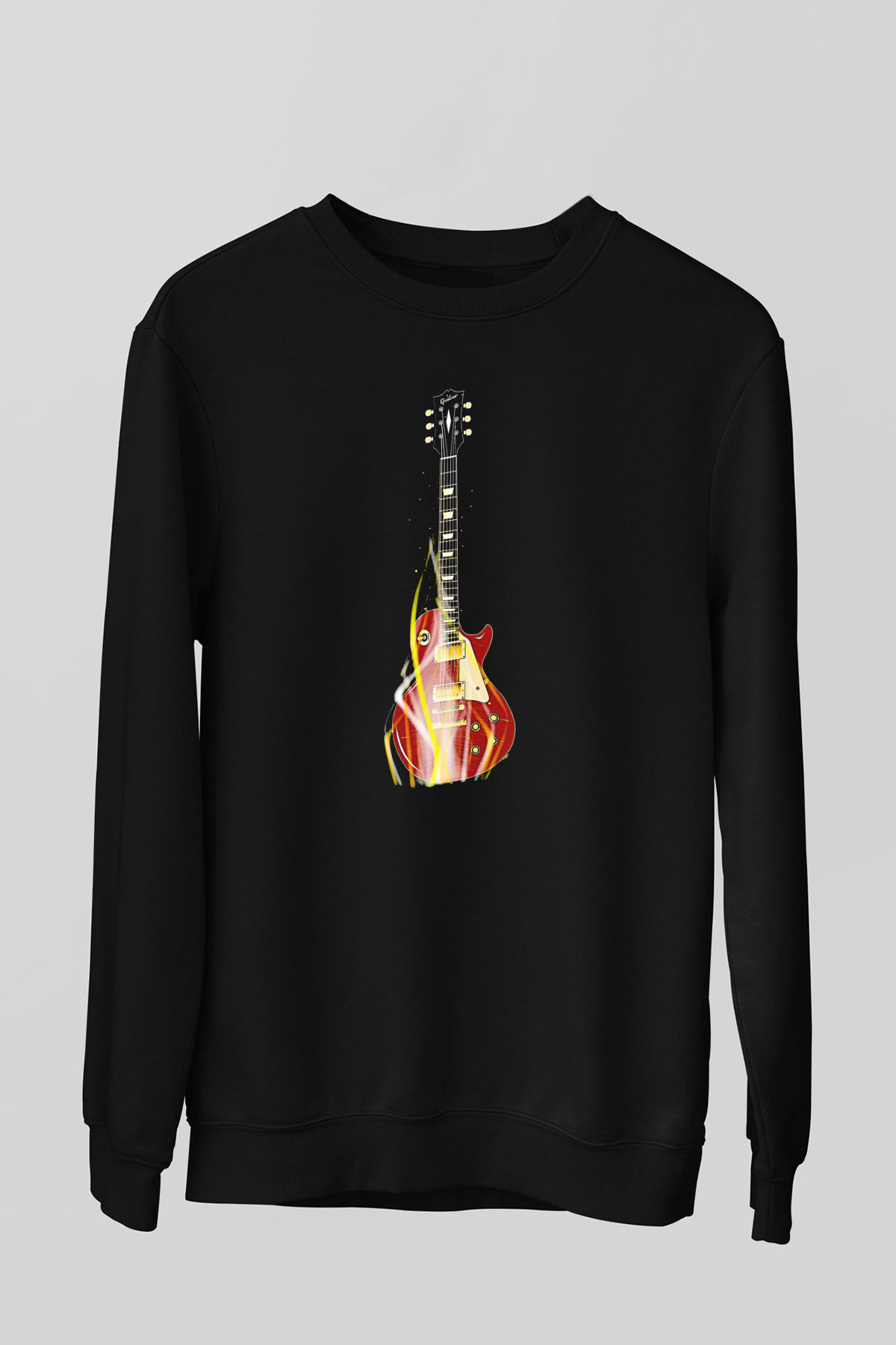 Elektro Gitar Baskılı Unisex Siyah Sweatshirt