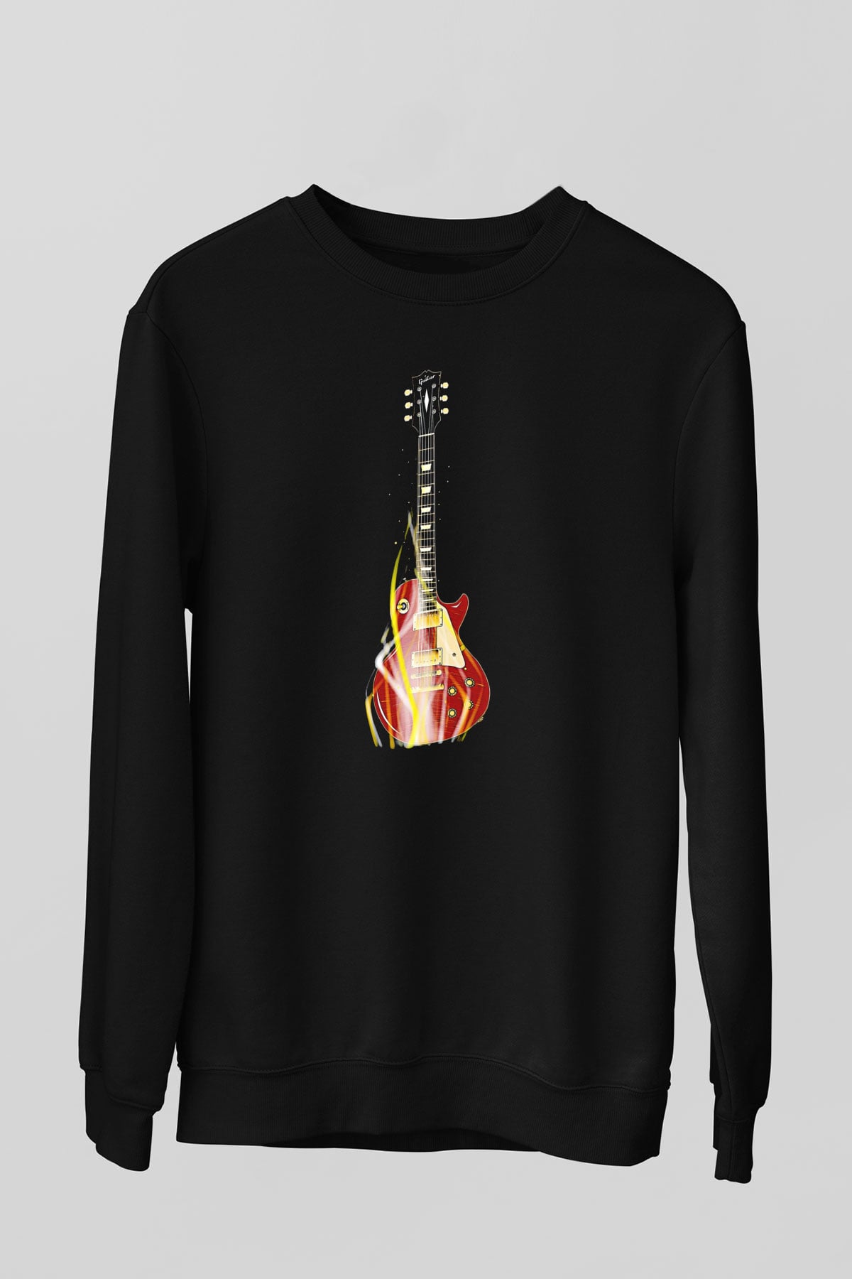 Elektro Gitar Baskılı Unisex Siyah Sweatshirt