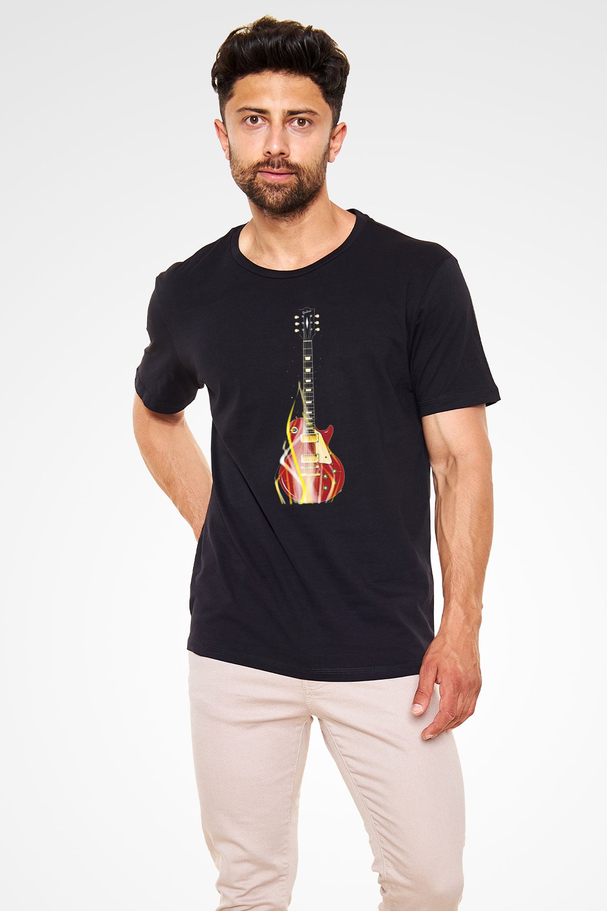 Elektro Gitar Baskılı Unisex Siyah Tişört - Tshirt