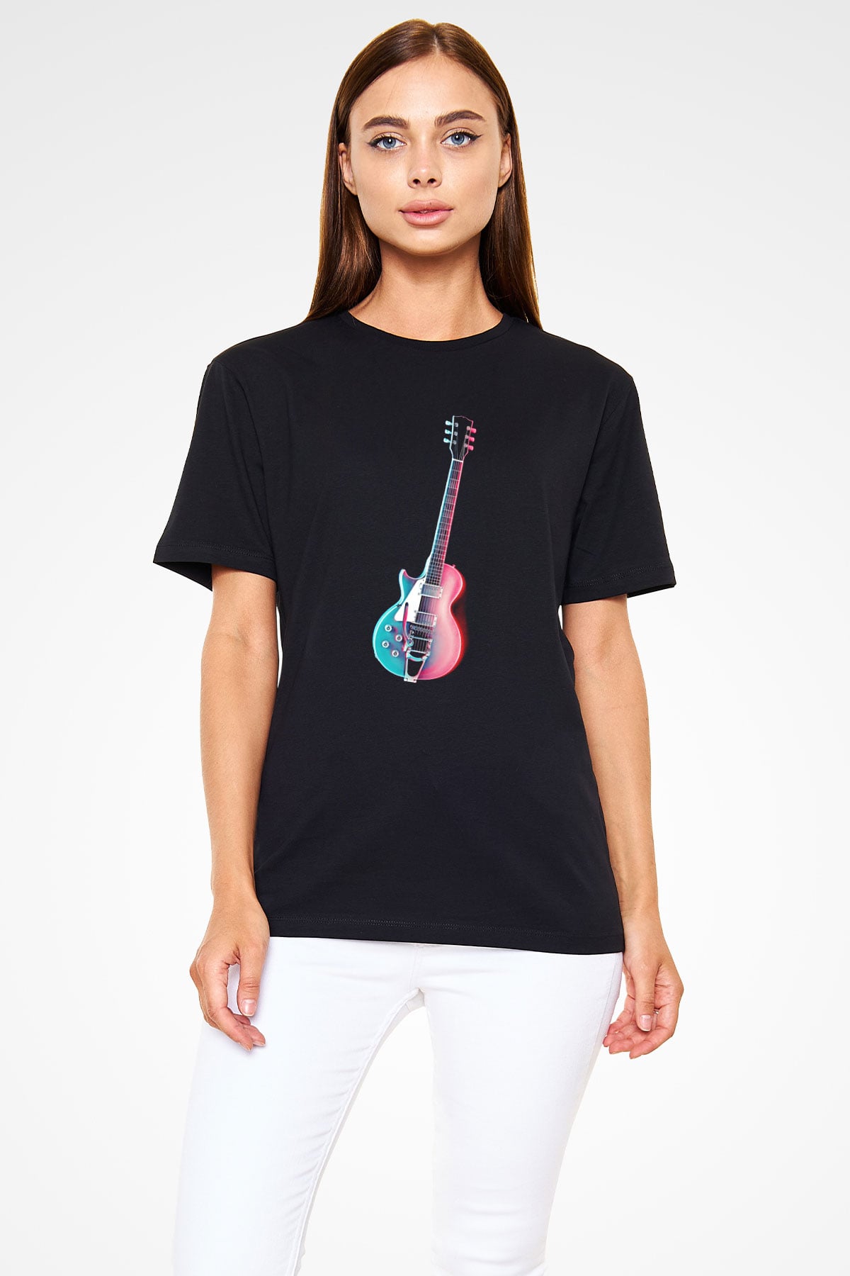 Elektro Gitar Baskılı Unisex Siyah Tişört - Tshirt