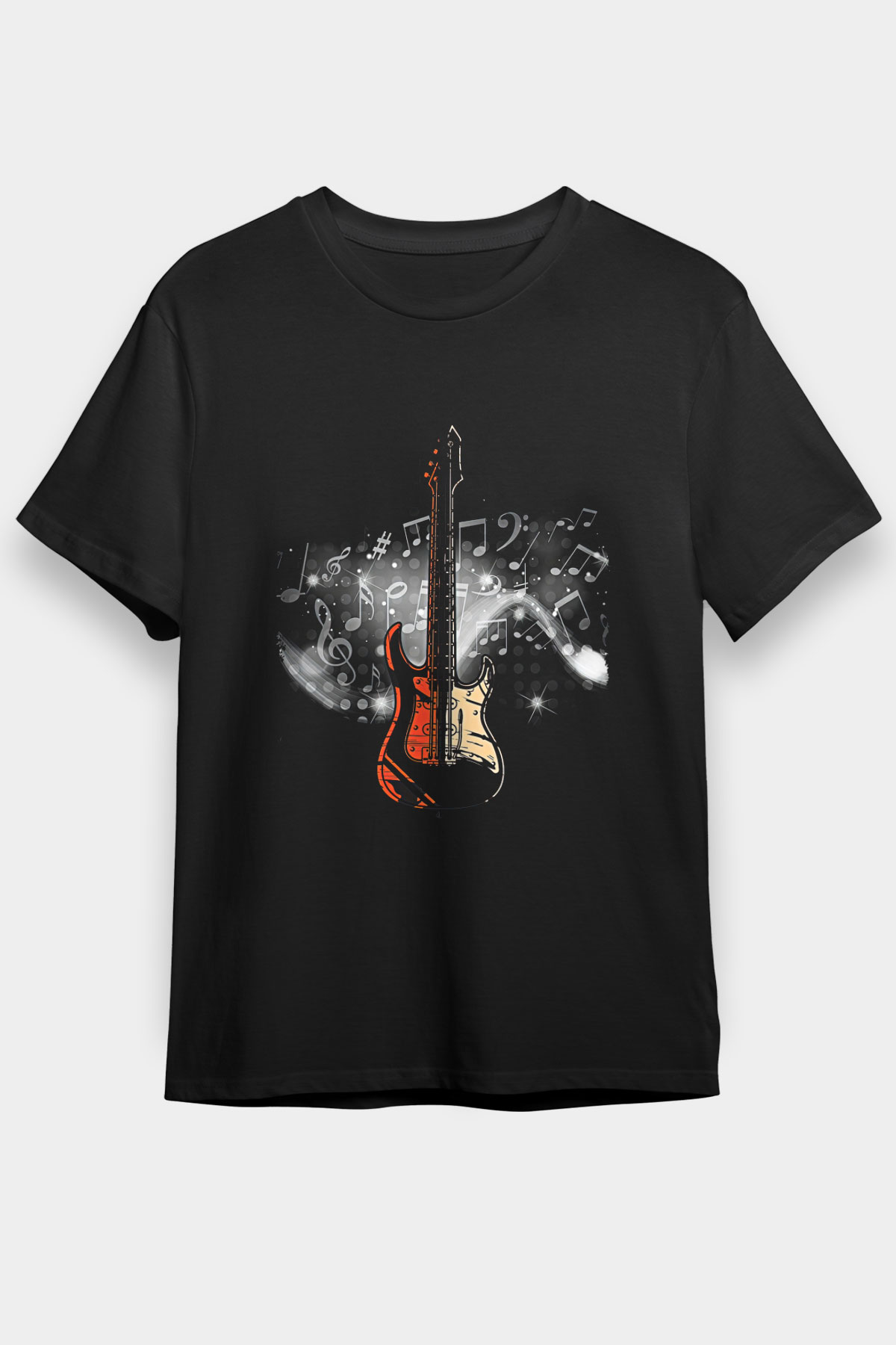 Elektro Gitar Baskılı Unisex Siyah Tişört - Tshirt
