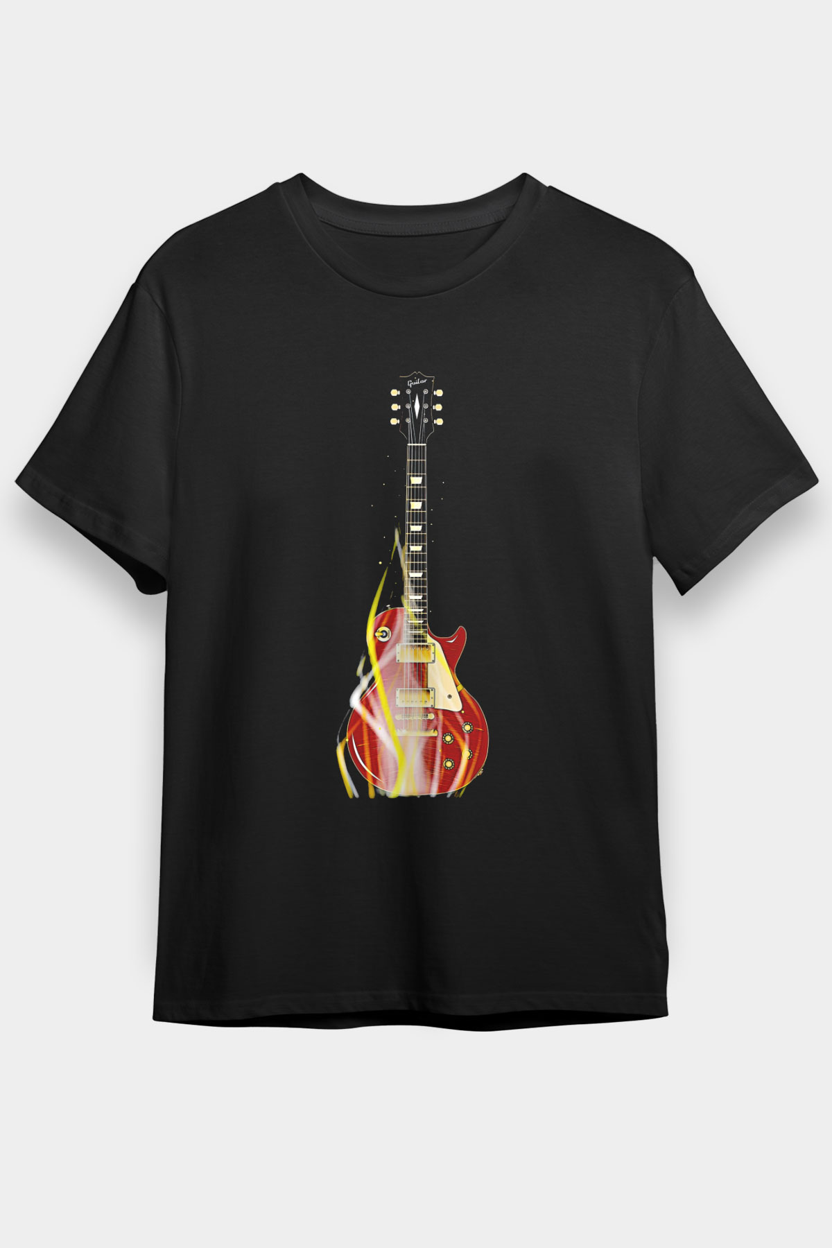 Elektro Gitar Baskılı Unisex Siyah Tişört - Tshirt