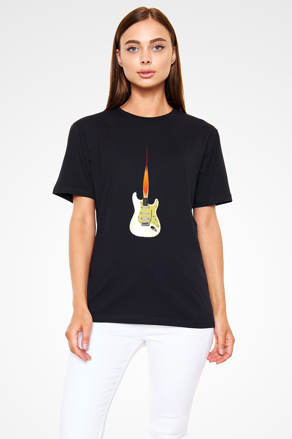 Elektro Gitar Baskılı Unisex Siyah Tişört - Tshirt